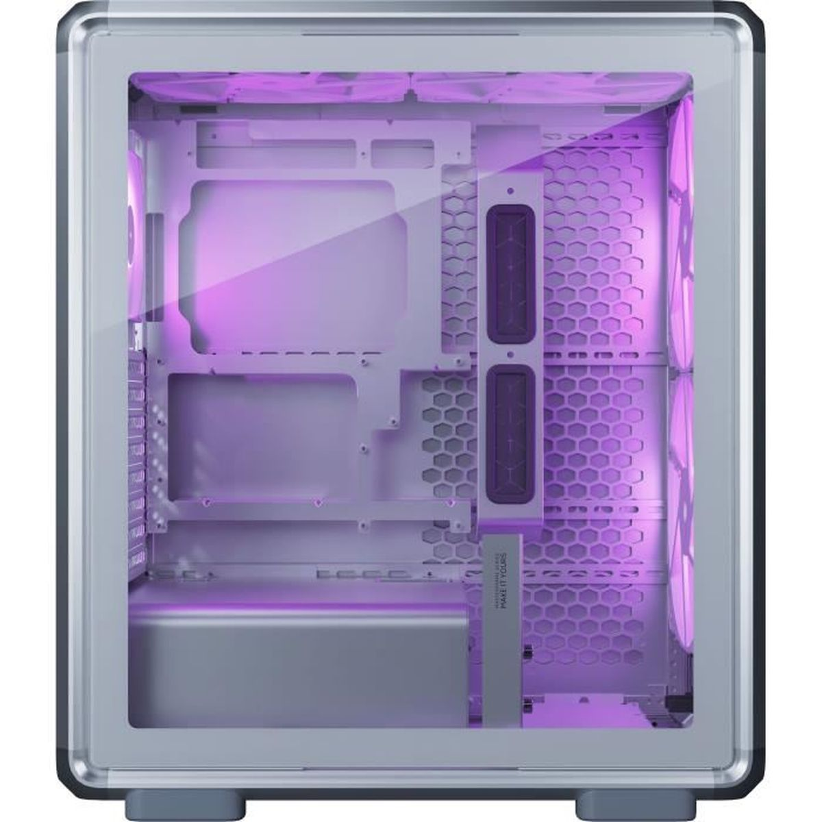 Un case per computer vuoto con illuminazione viola e ventole.