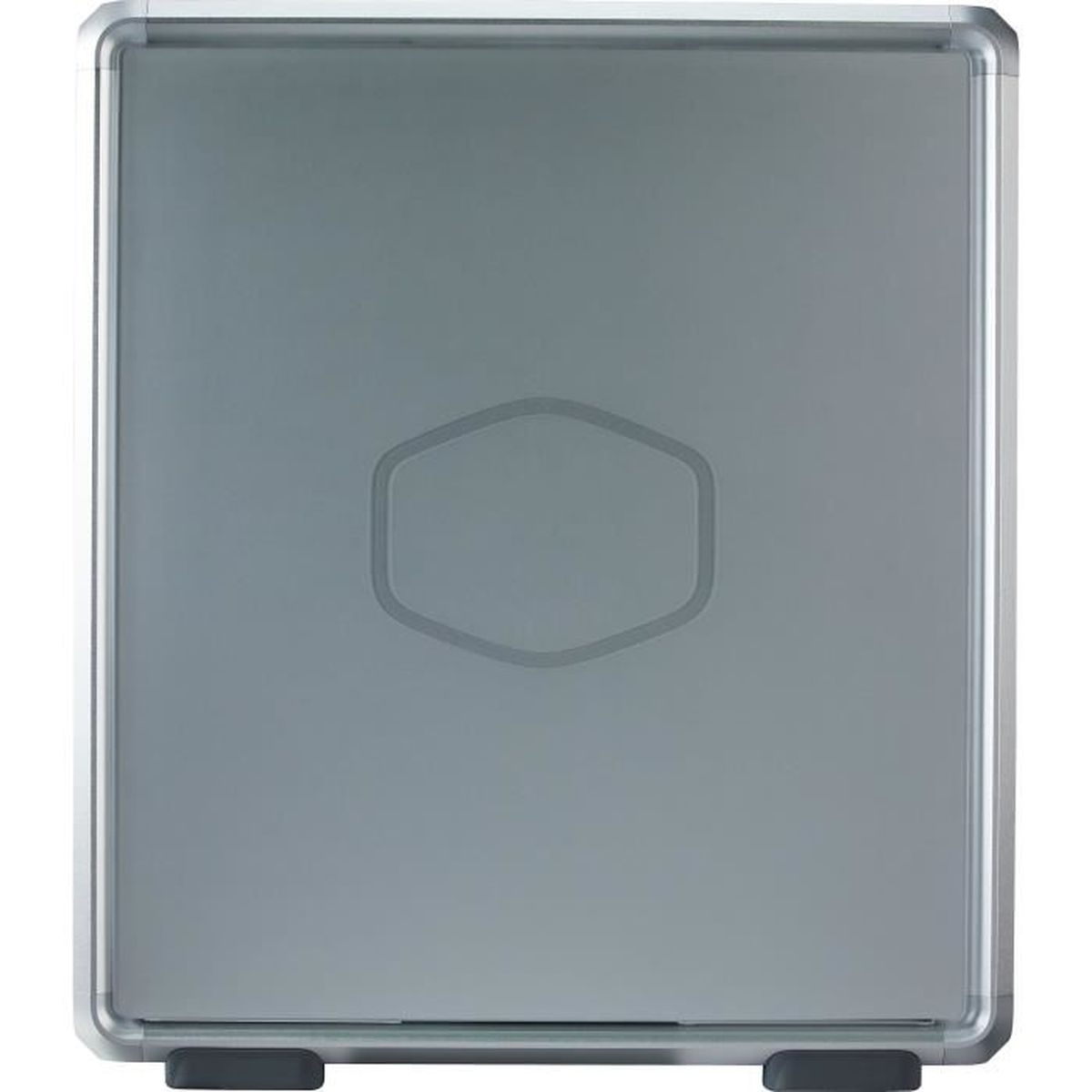 Case per computer argentato con emblema esagonale sul davanti. Ha una cornice bianca.