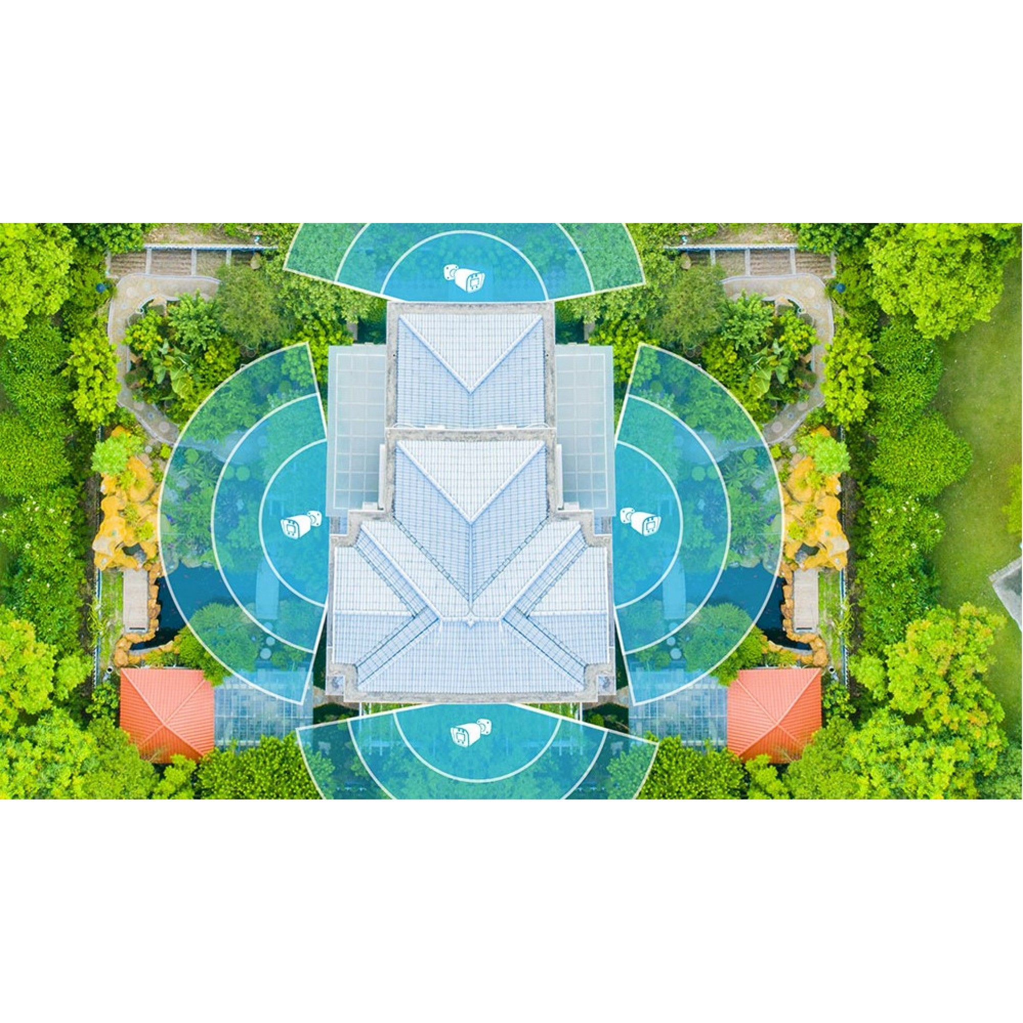 Vue aérienne d'une maison avec jardin, caméras et portées de signal.