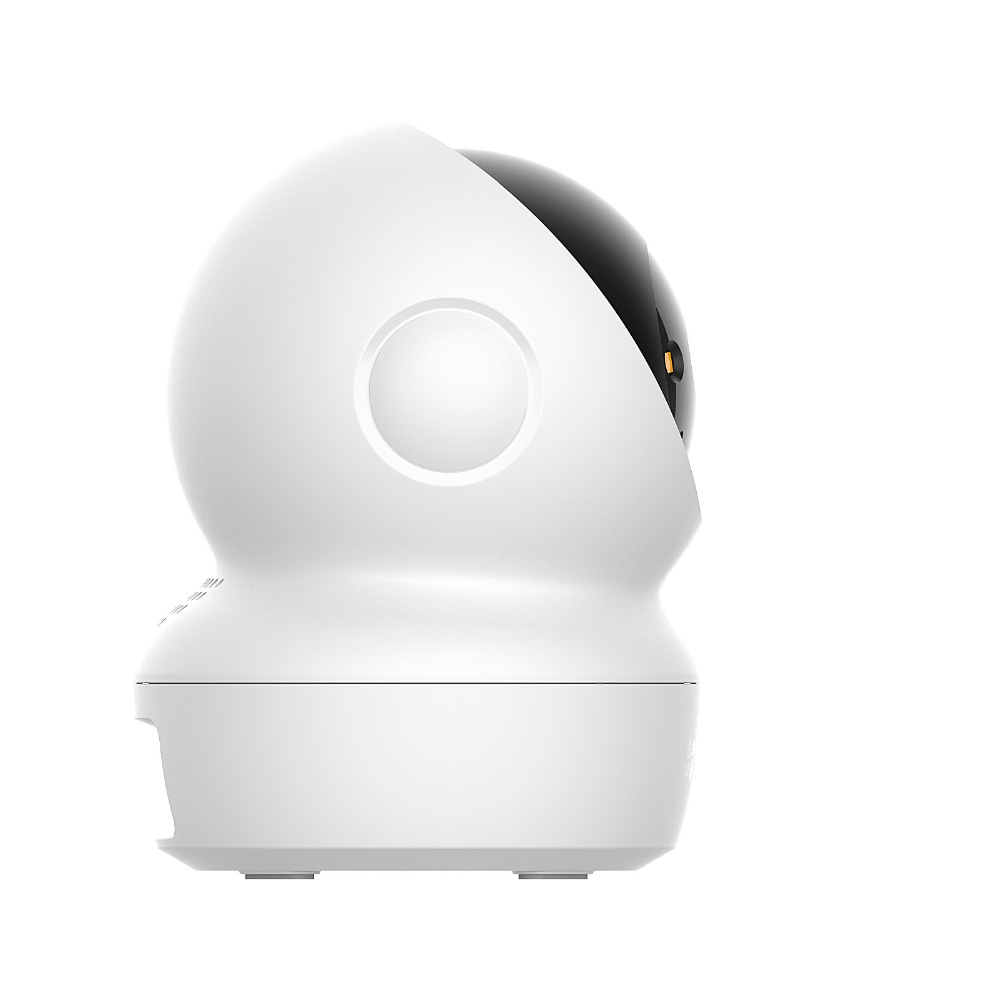 Een witte beveiligingscamera met een zwarte lens wordt van de zijkant getoond, met een rond detail op zijn bolvormige kop.