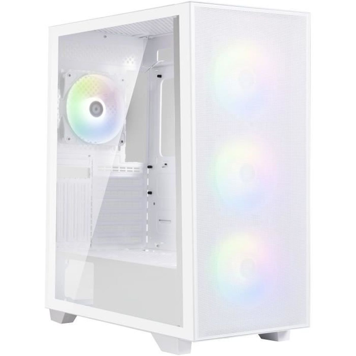 Un case PC bianco con pannello laterale in vetro e ventole RGB.