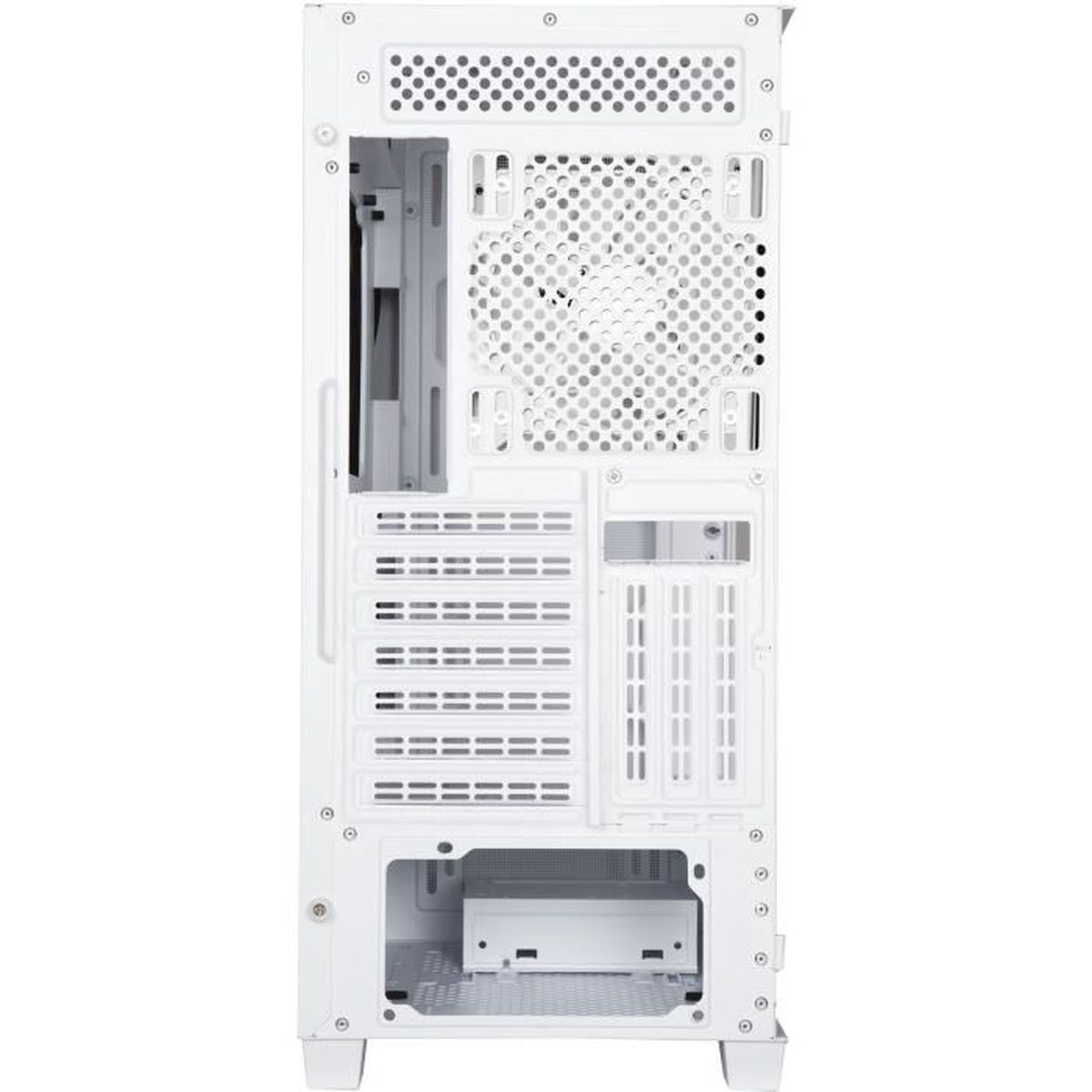 Vista posteriore di un case per computer bianco, che mostra più slot di espansione, una griglia per ventola e un'apertura per l'alimentatore.