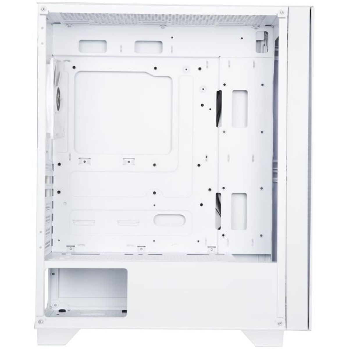 Interno di un case per computer bianco, che mostra i supporti della scheda madre, i ritagli per la gestione dei cavi e un copri-alimentatore.