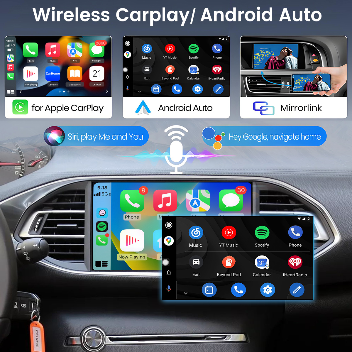 Obraz pokazuje integracje smartfonów w samochodzie: CarPlay, Android Auto, Mirrorlink.