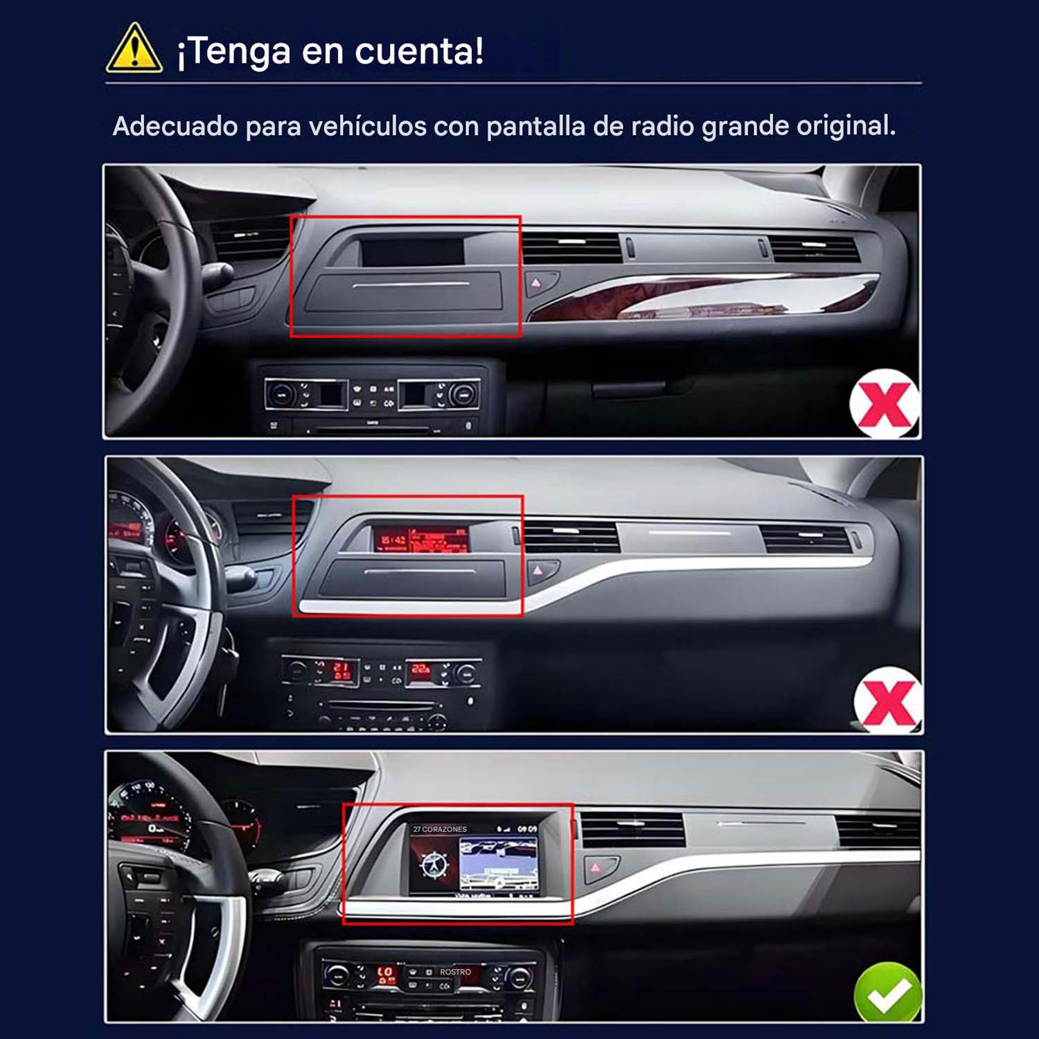 Vistas de salpicadero de coche que muestran tamaños de radio compatibles. Algunas marcadas con X.