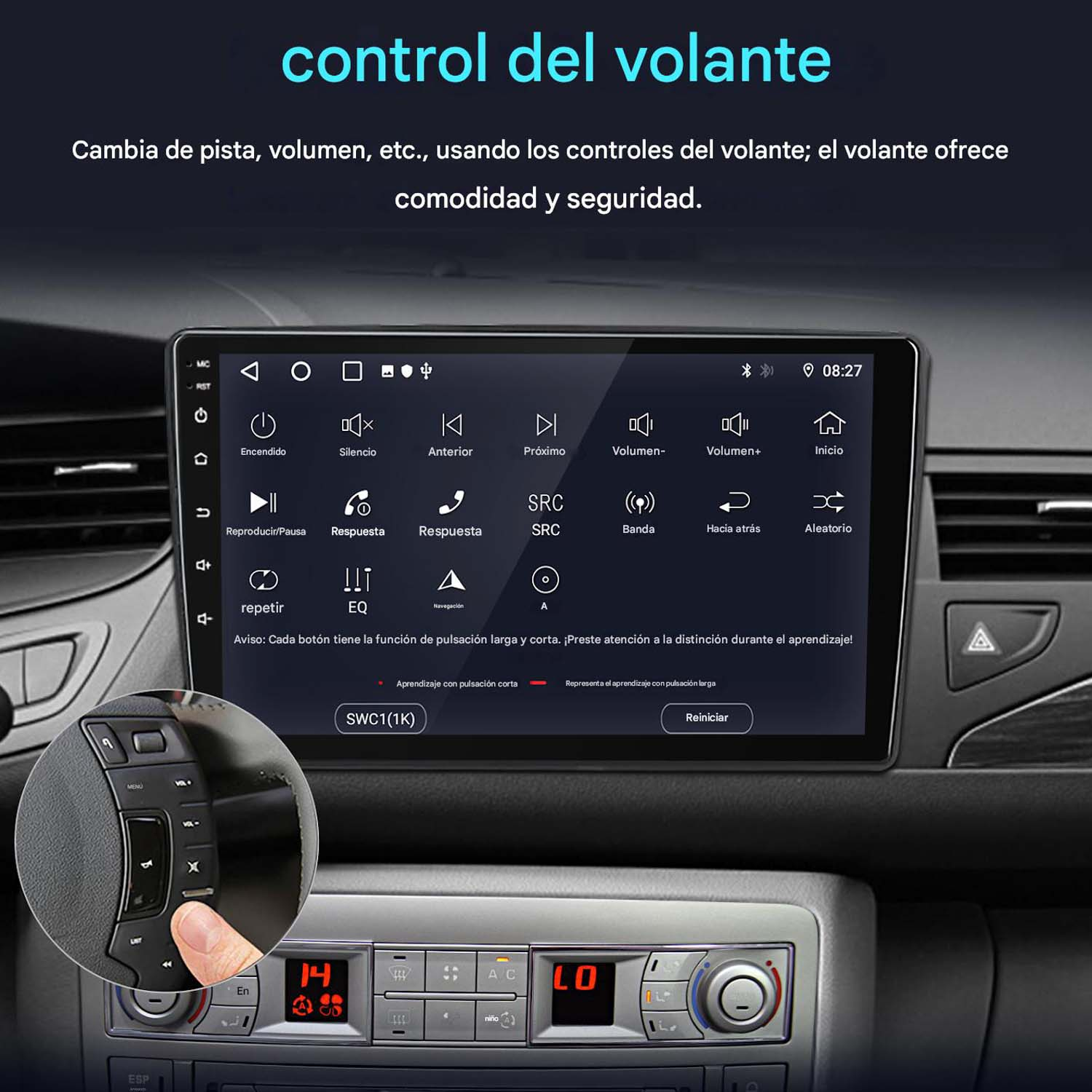 Pantalla de radio de coche muestra controles del volante y teclado.