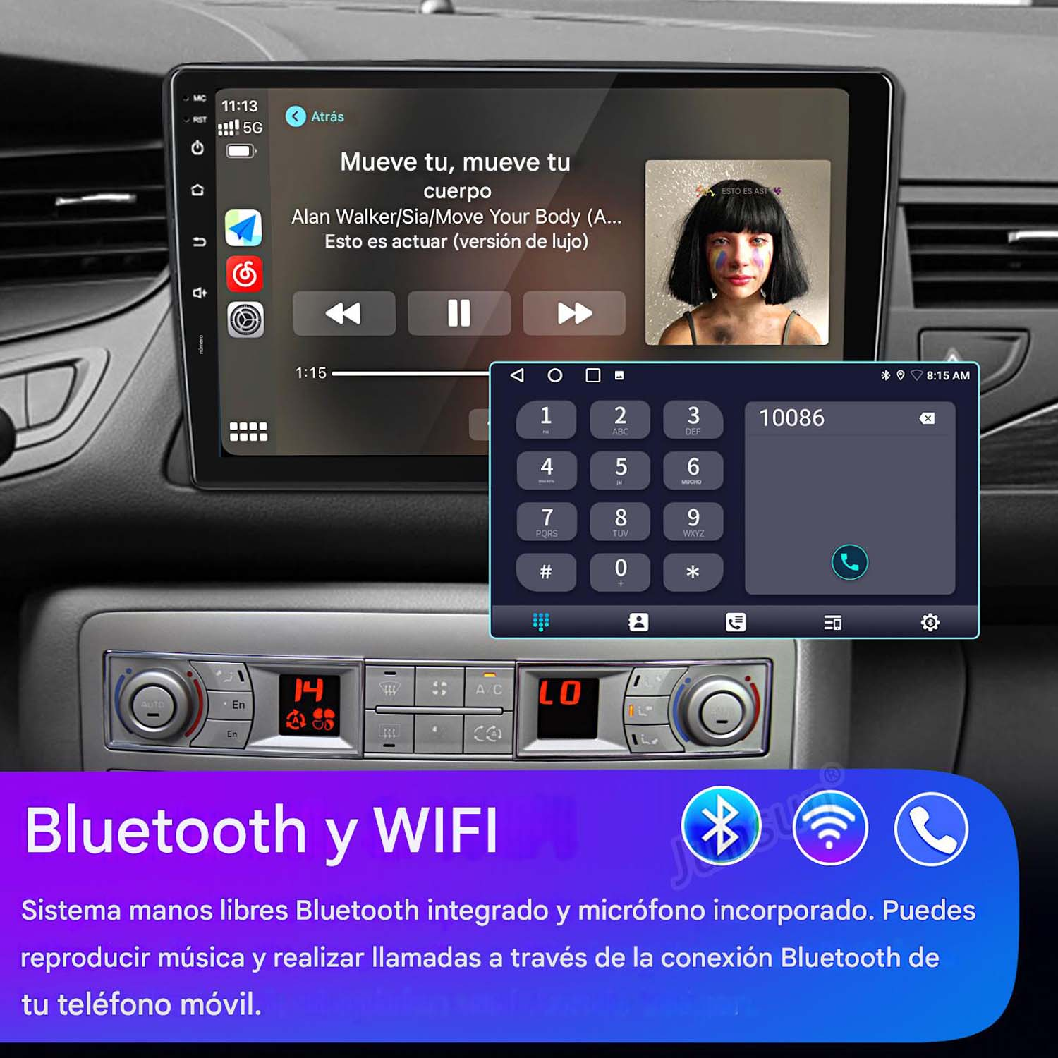 Un estéreo de coche mostrando música, app de teléfono y control climático.