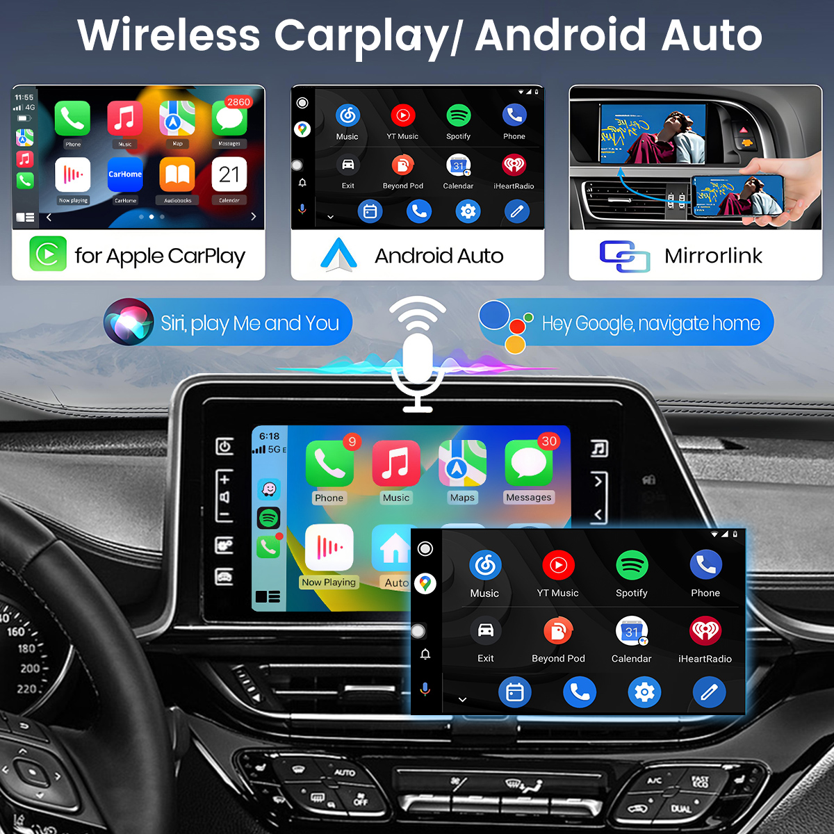 Lo schermo mostra le interfacce Apple CarPlay, Android Auto e Mirrorlink.
