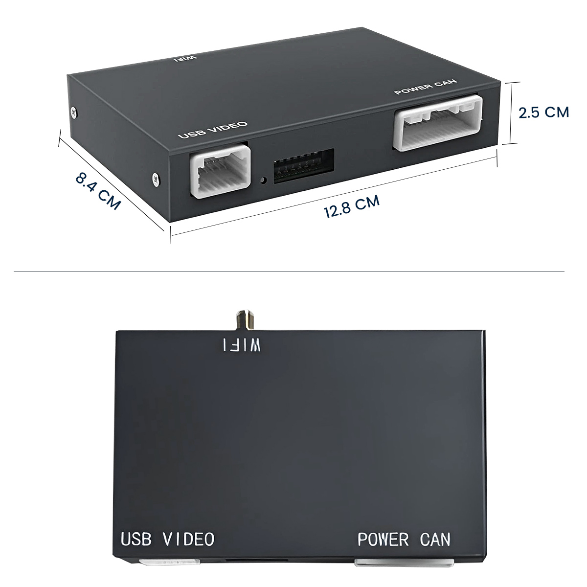Módulo negro con puertos: USB VIDEO, POWER CAN, WIFI. Dimensiones 12,8x8,4x2,5 cm.