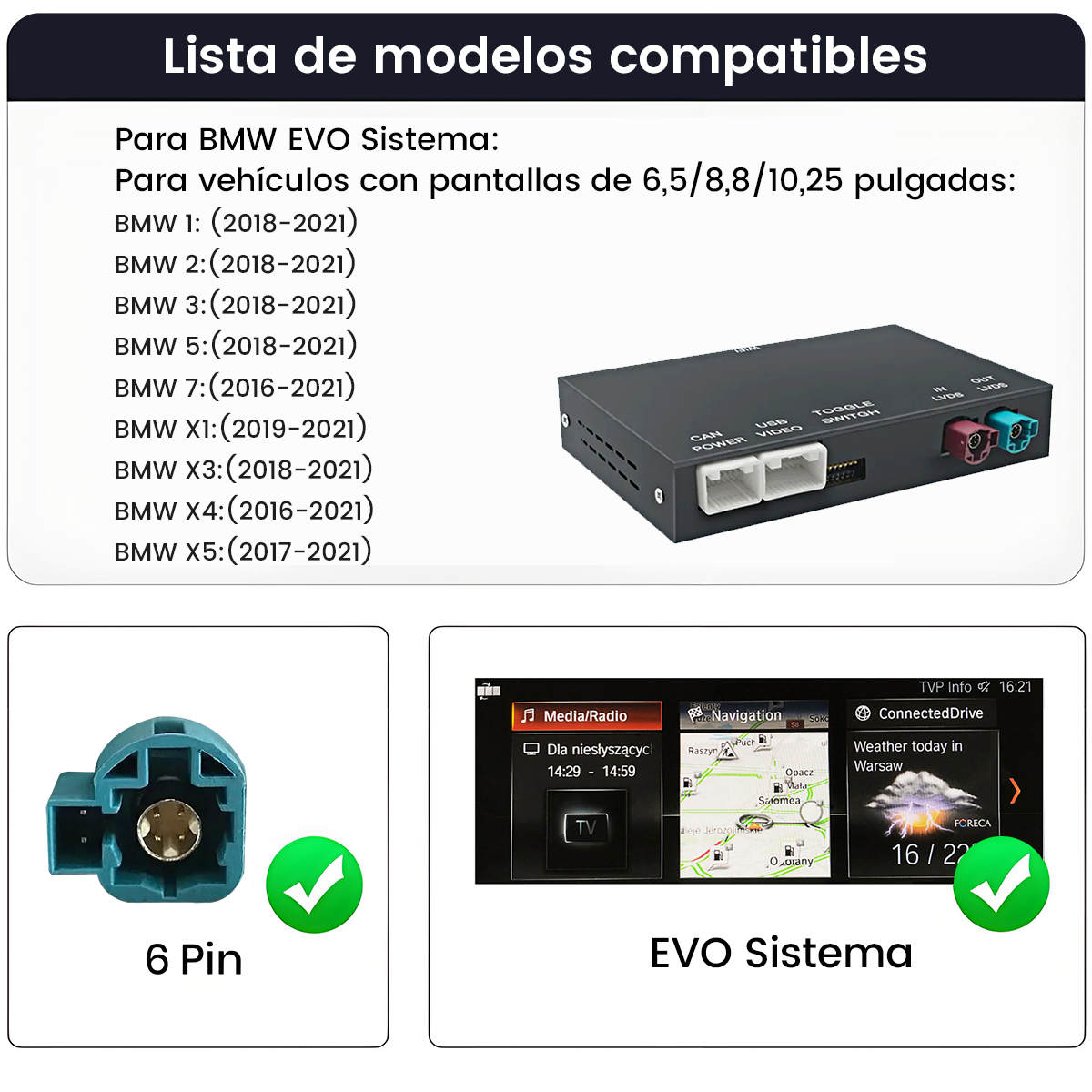 Lista de compatibilidad BMW EVO con adaptador y vista de pantalla.