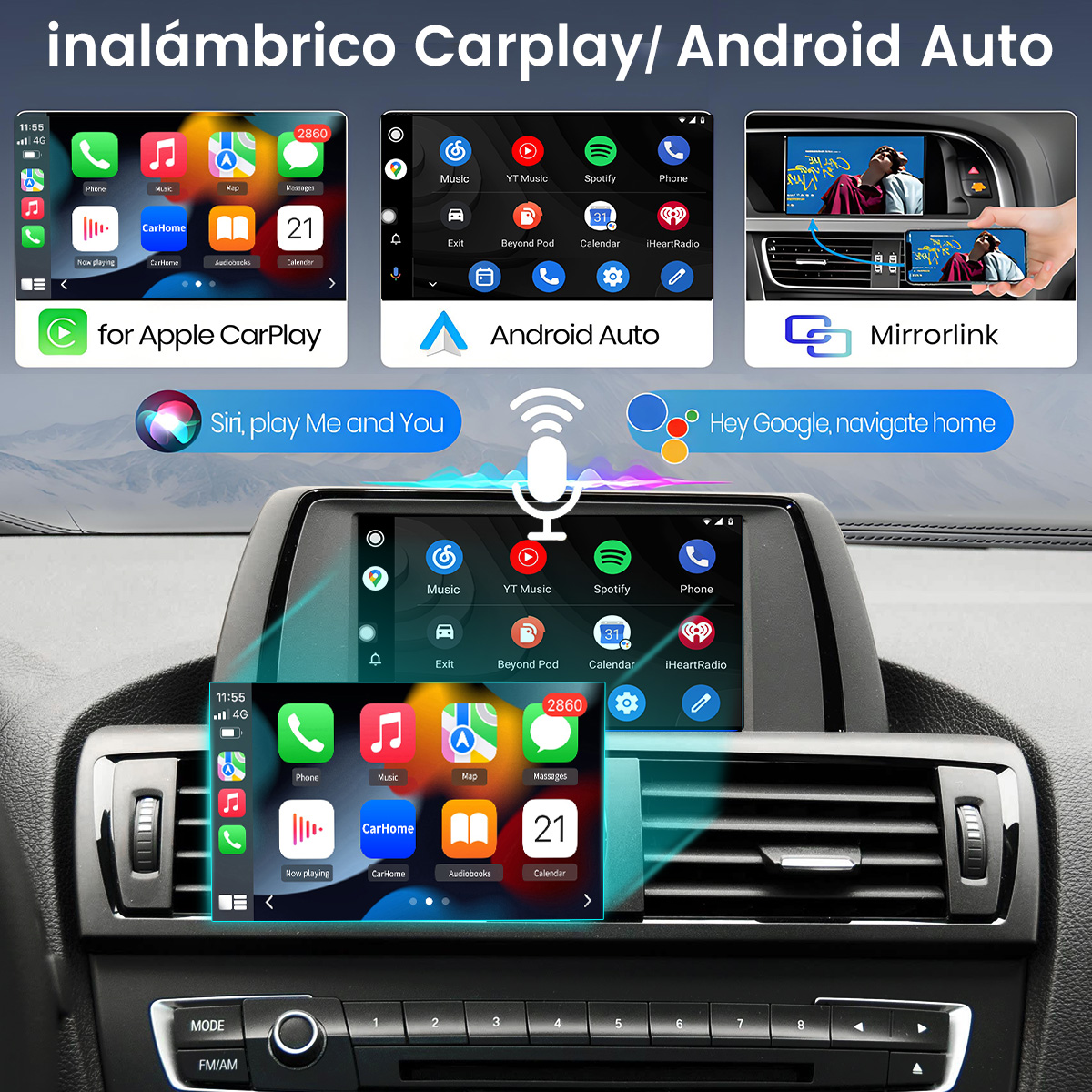 La pantalla muestra interfaces de Apple CarPlay, Android Auto y Mirrorlink.
