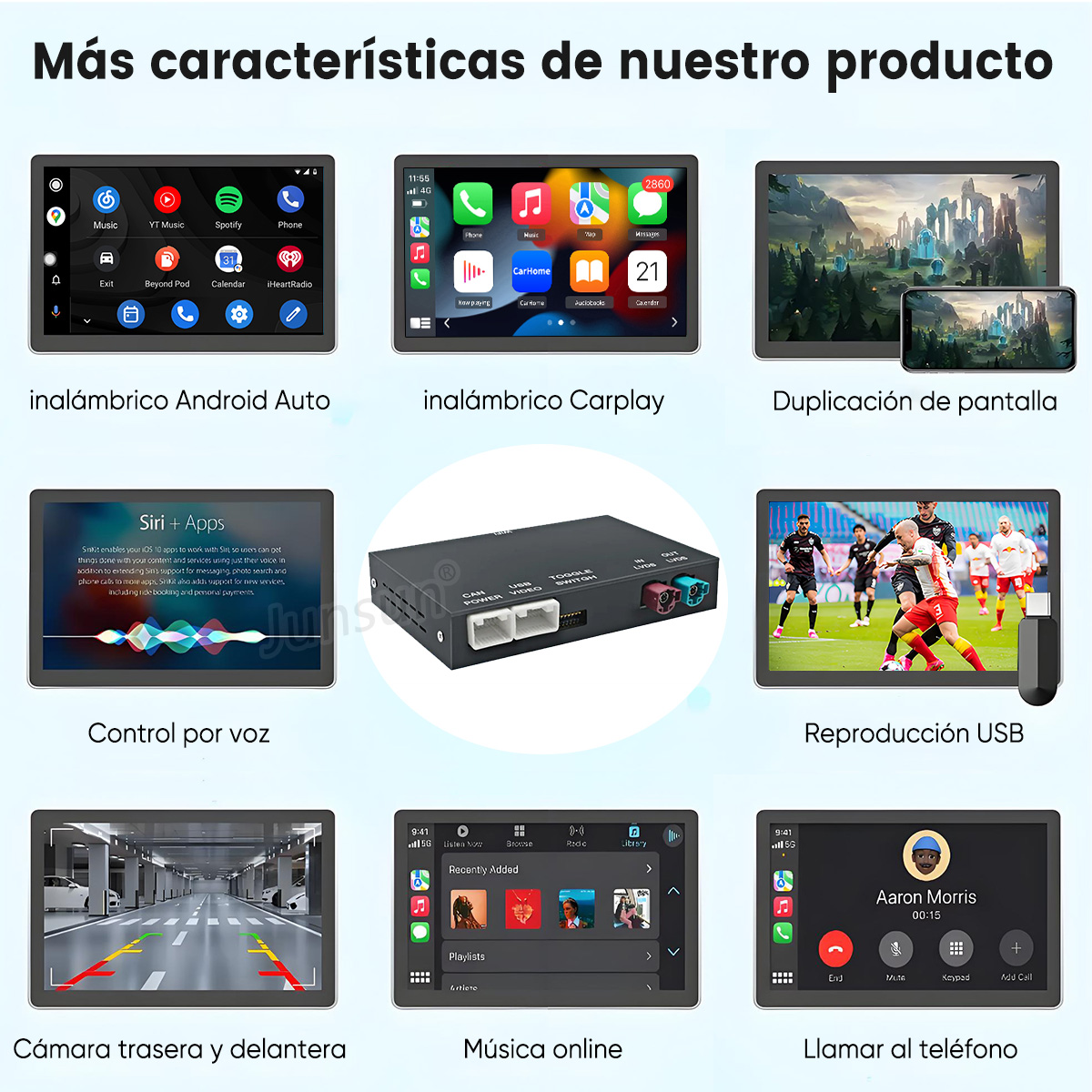 Más características del producto: Android Auto, Carplay, Duplicación de pantalla, Control por voz, Reproducción USB, Música, Llamadas.