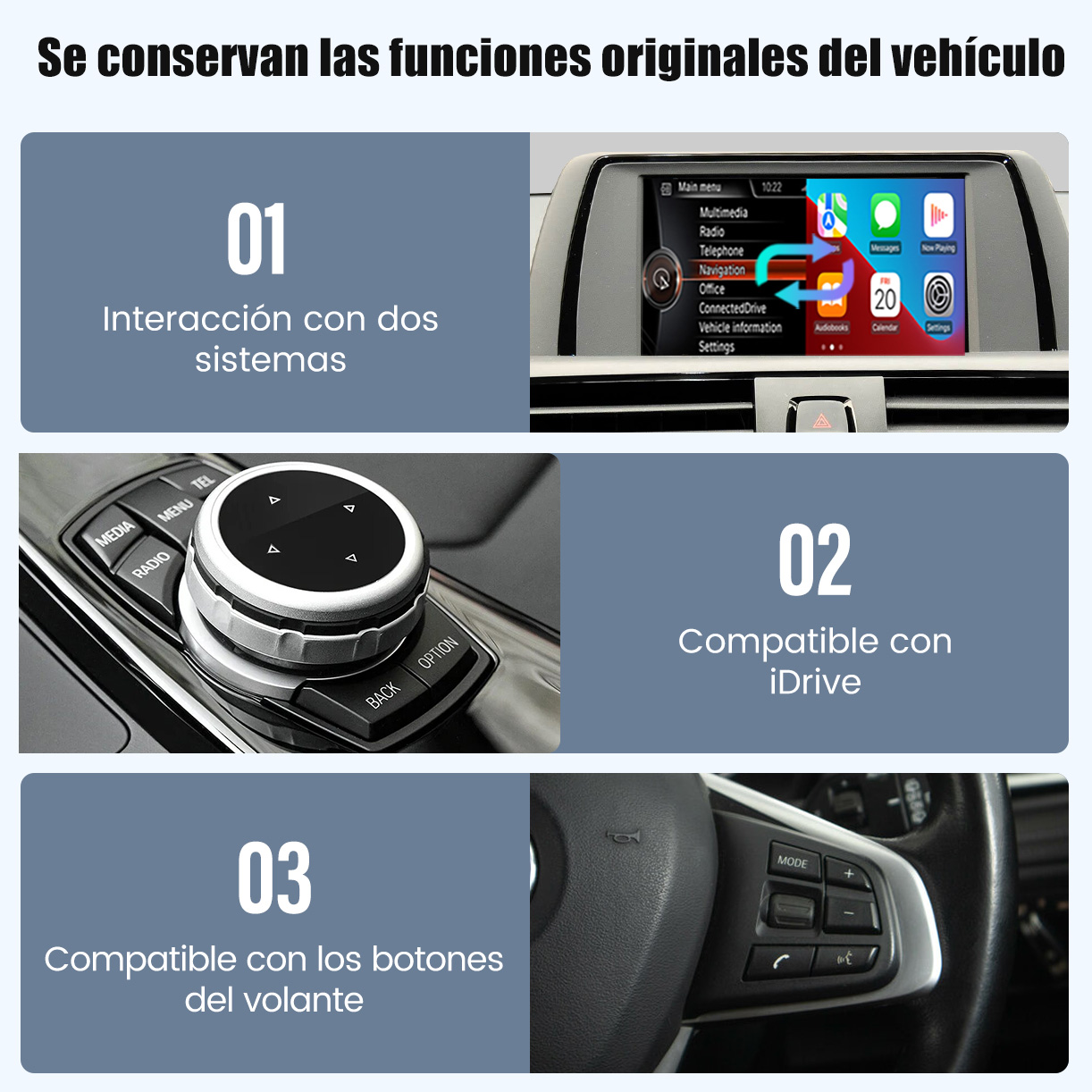 Pantalla del coche con opciones de menú y controles como controlador iDrive y botones del volante.