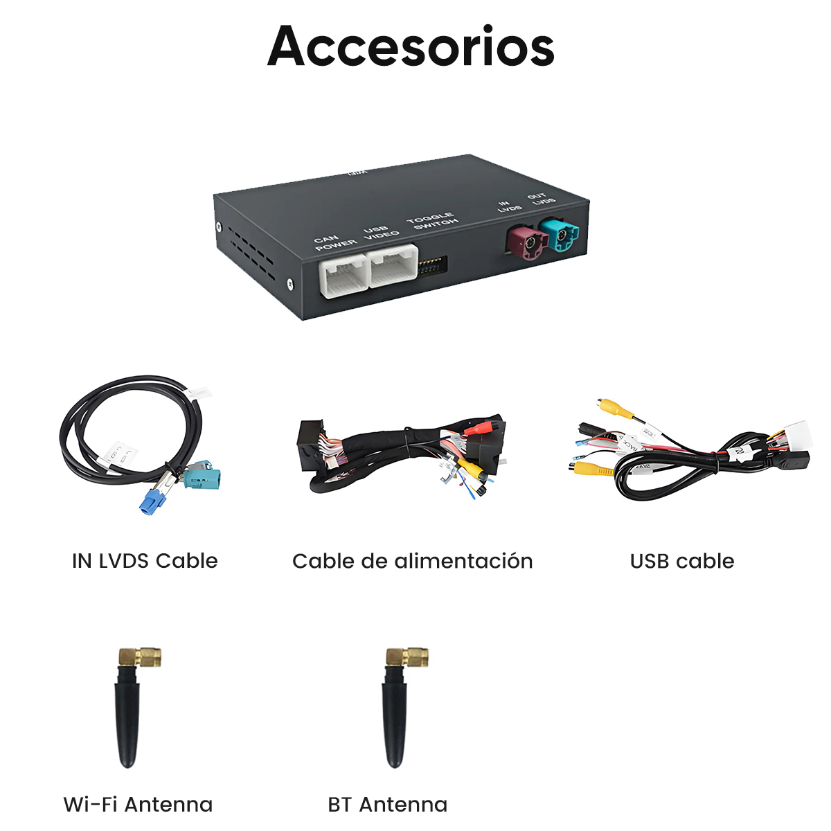 Accesorios: unidad de control negra, cables LVDS, alimentación, USB, antenas.