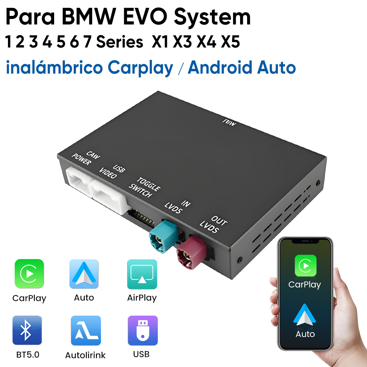 Una caja negra con puertos, con logotipos de CarPlay, Android Auto y BT5.0 cerca.