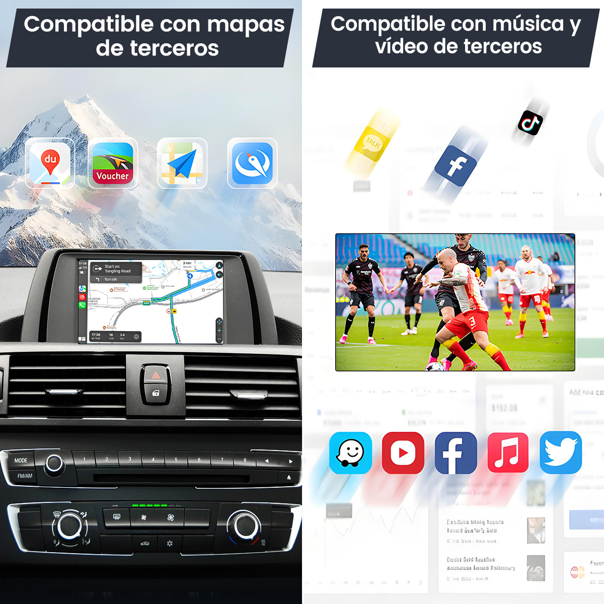 Sistema de infoentretenimiento para coche con mapas, música, vídeo y apps.