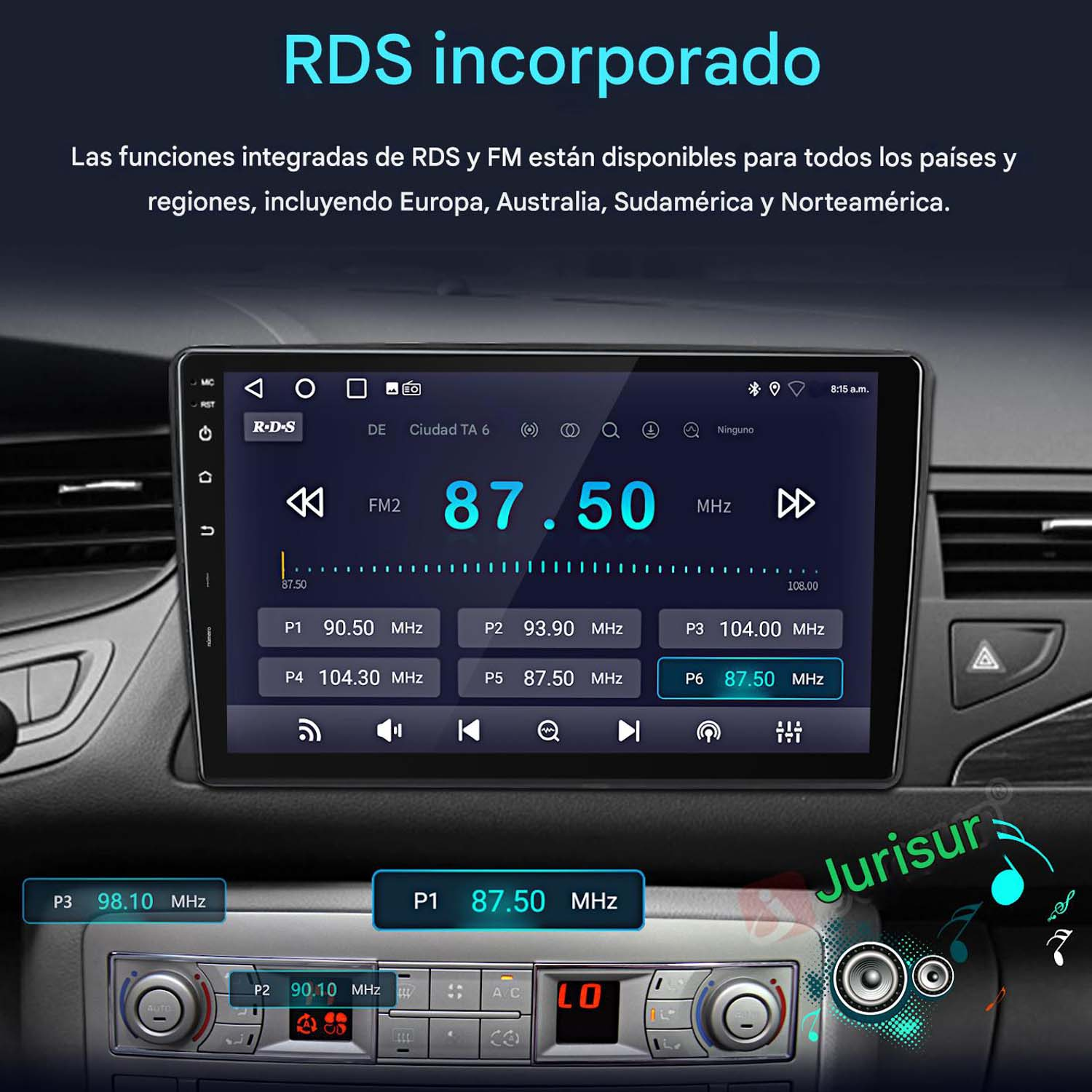 Pantalla de infoentretenimiento de coche muestra funciones de radio RDS y FM con emisoras preestablecidas.