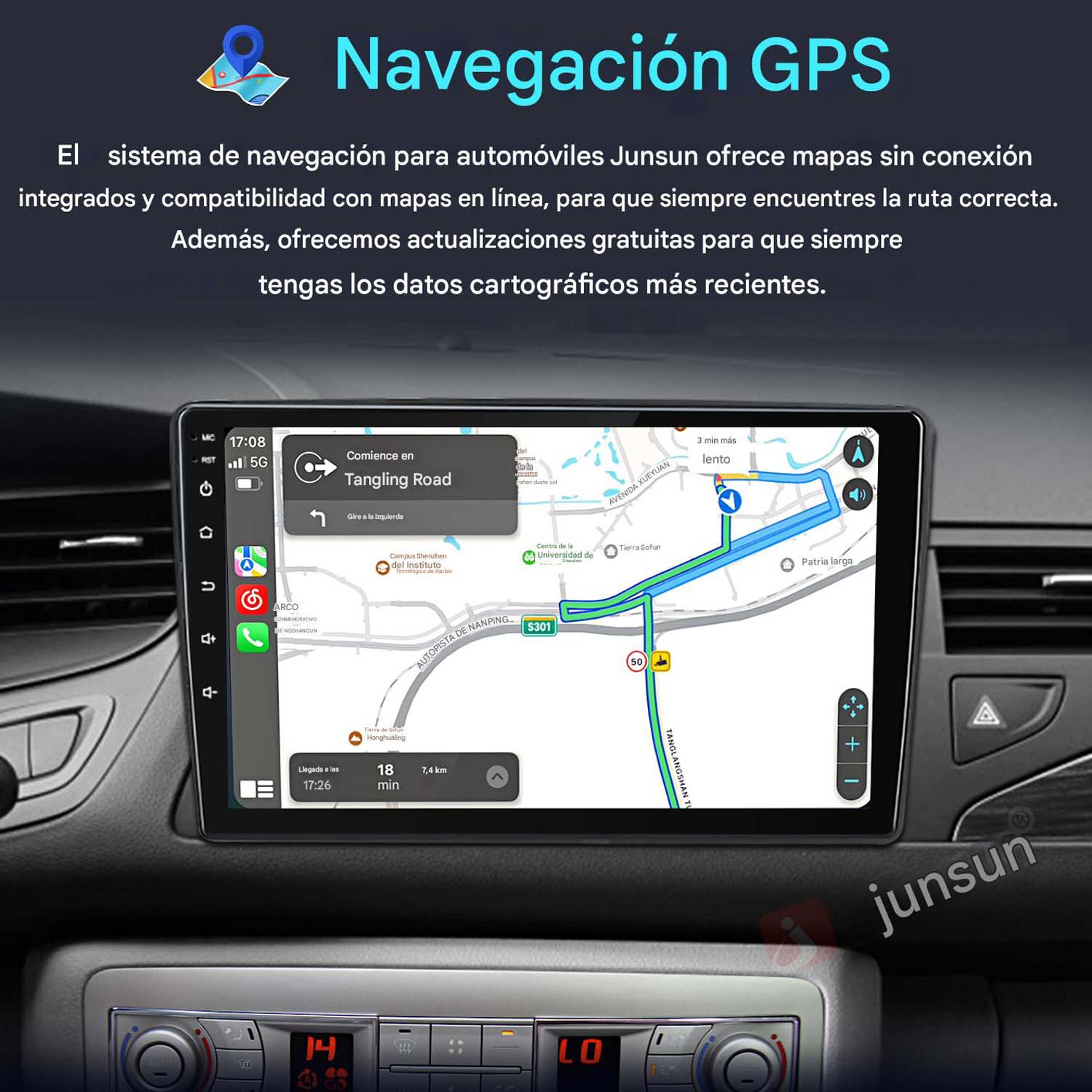 El sistema de navegación GPS de un coche muestra un mapa con guía de ruta e información.