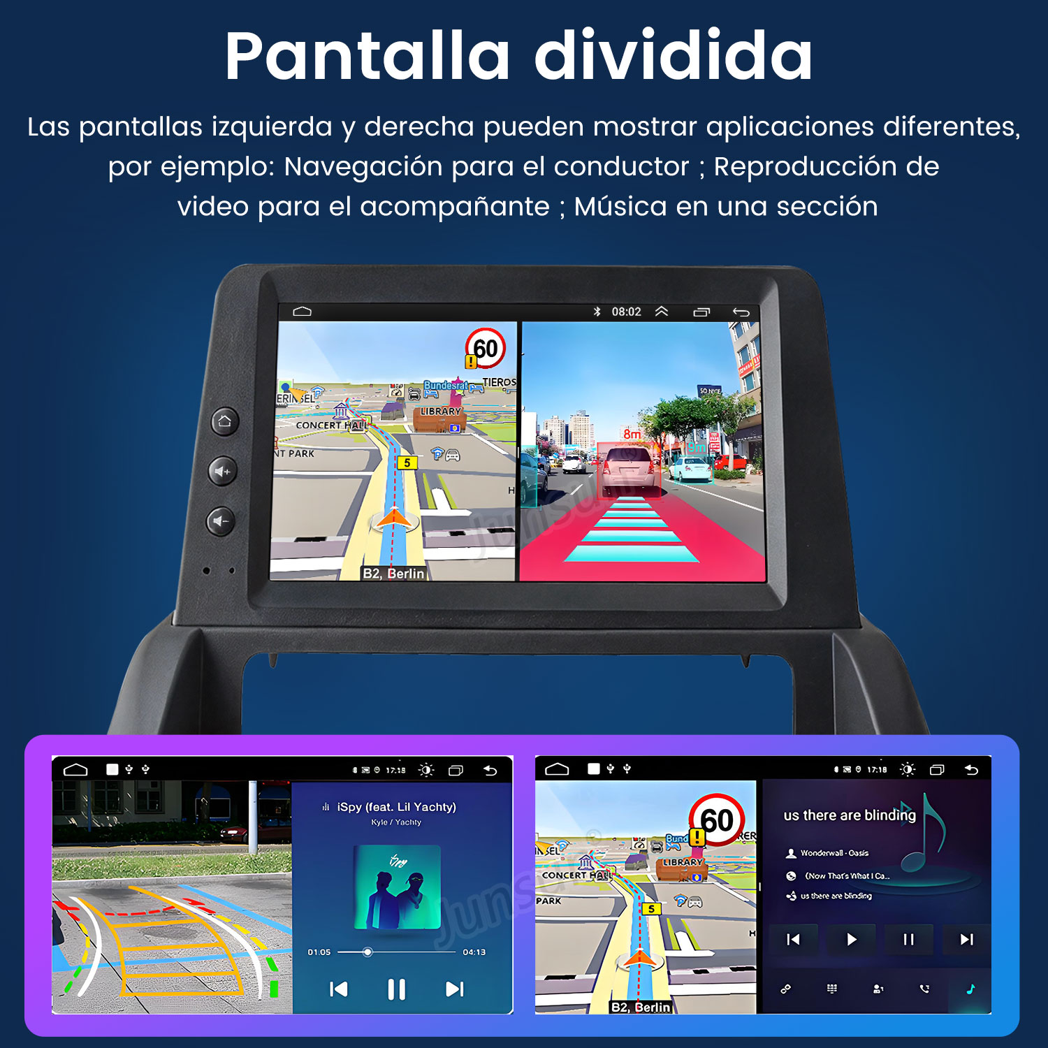 Pantalla dividida muestra navegación, video y música. Coches y escenas callejeras.