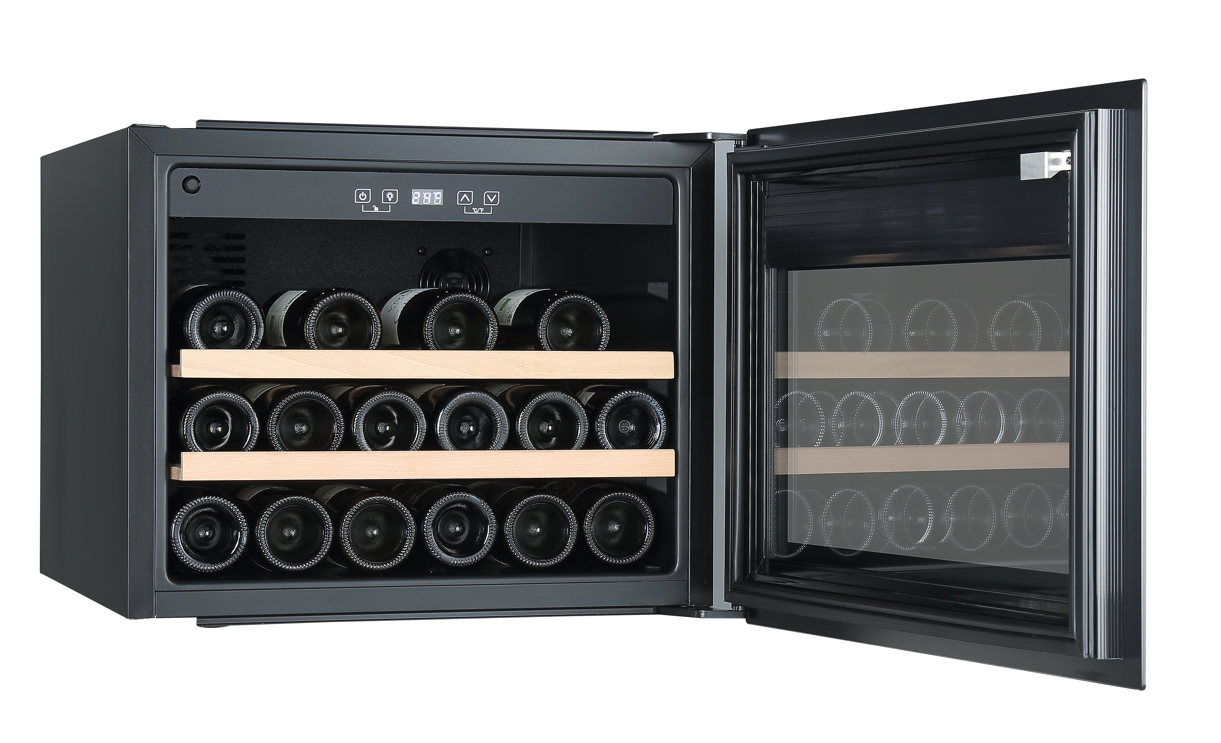 A black wine cooler with its door open, filled with wine bottles.