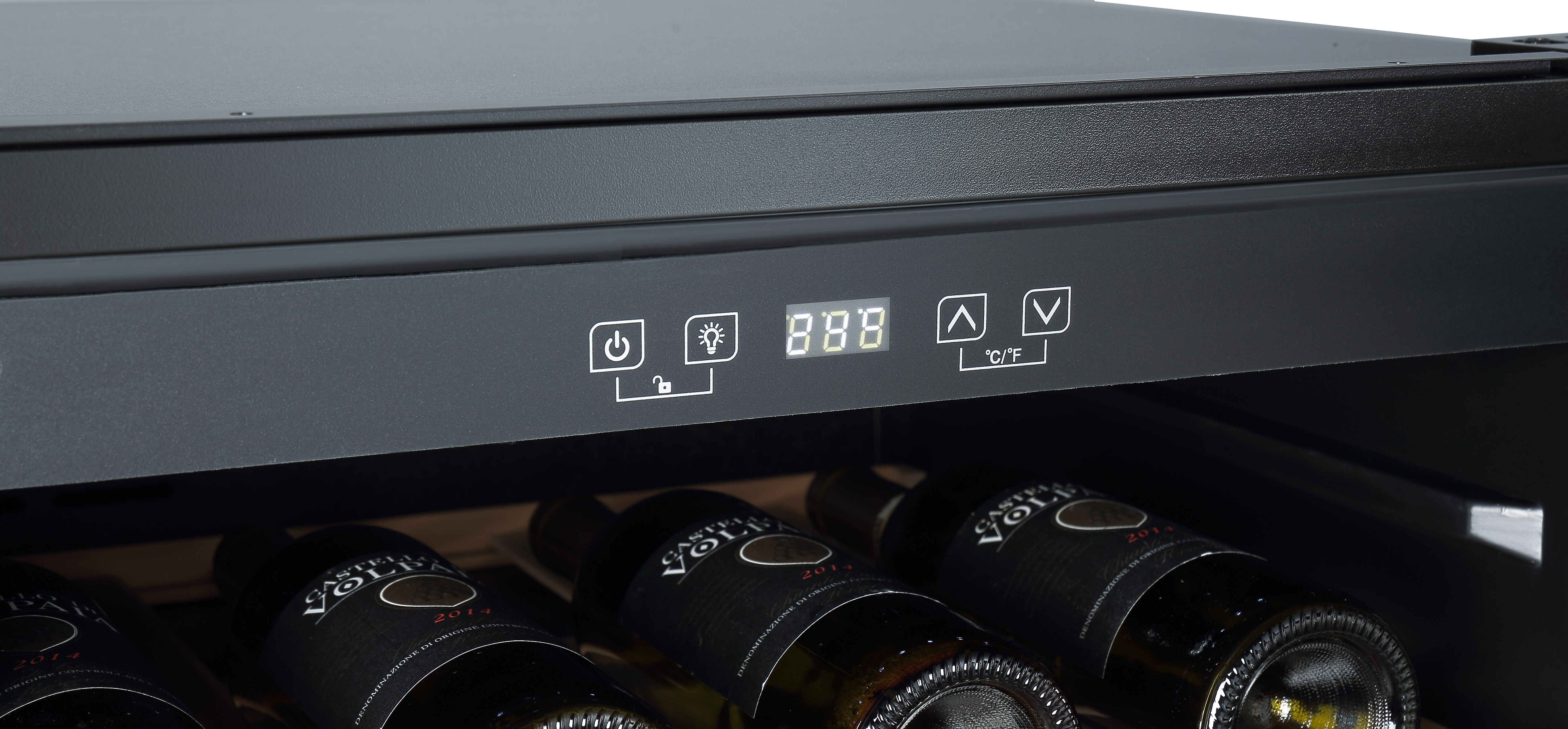 A wine cooler control panel with digital displays and buttons for temperature and light.