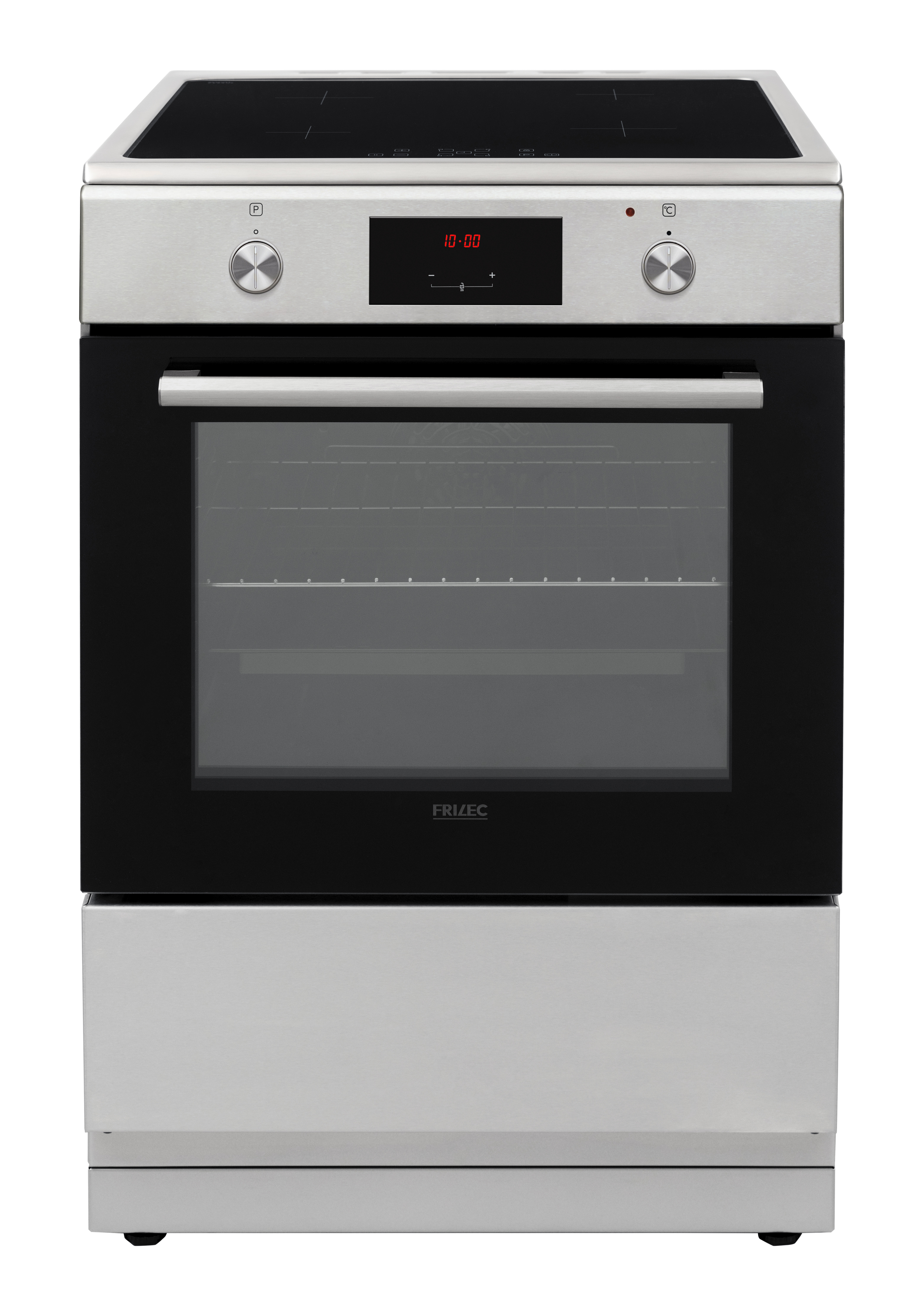 Een moderne roestvrijstalen oven met zwart glazen deur en digitale tijdweergave.