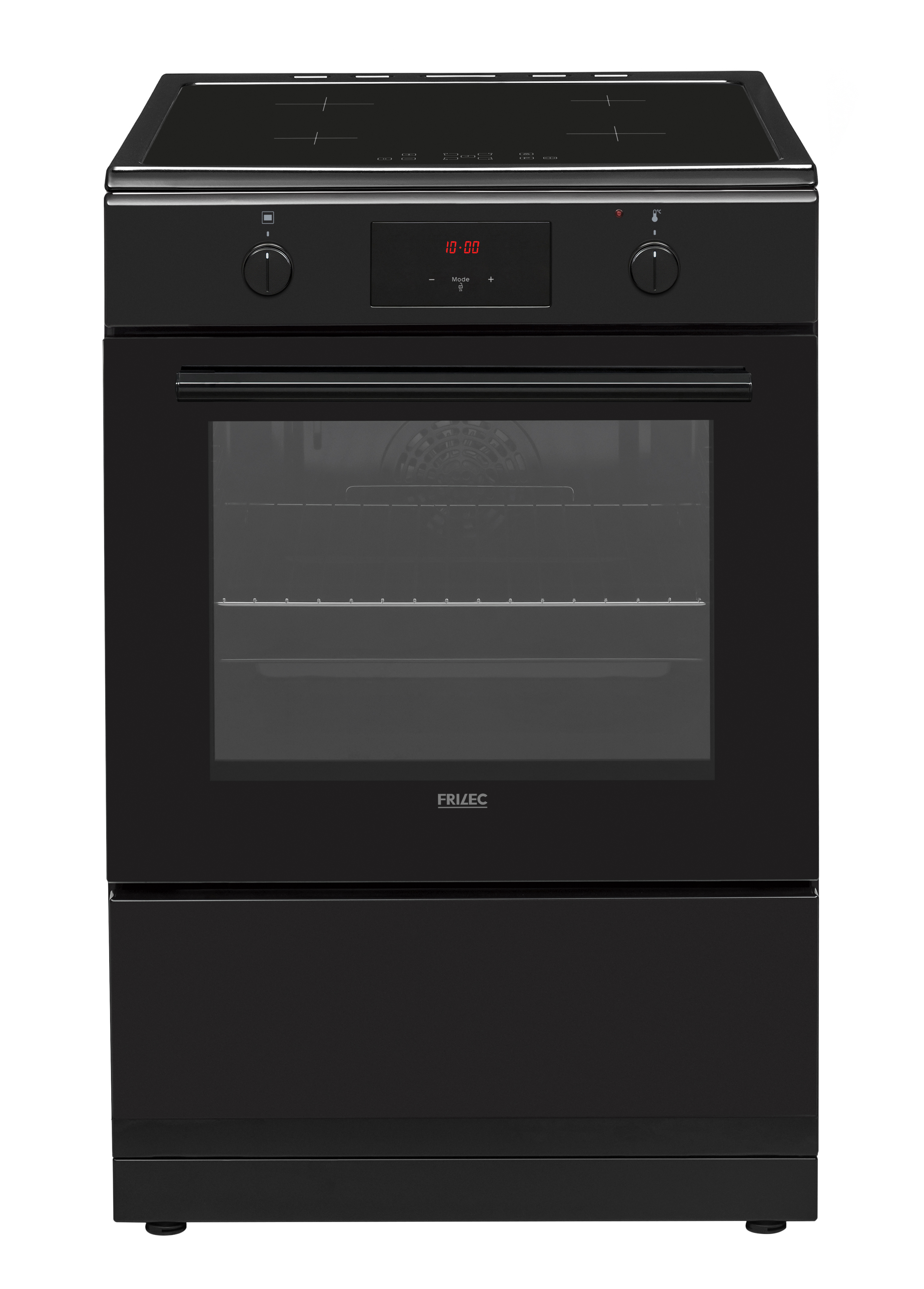 Een zwarte elektrische kookplaat met keramisch kookoppervlak, digitaal display en ovendeur.