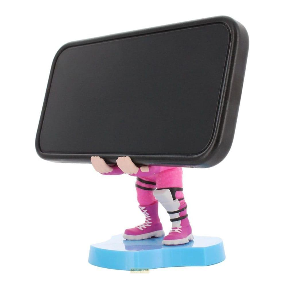 Eine Figur in Pink hält ein schwarzes Rechteck, steht auf einem blauen Sockel.