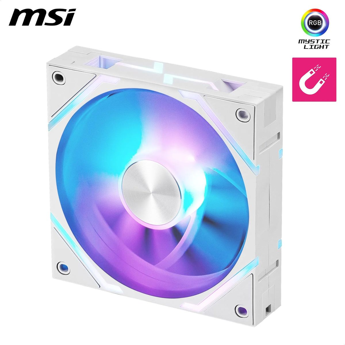 Mavi ve mor tonlarında RGB aydınlatmalı beyaz MSI bilgisayar fanı.