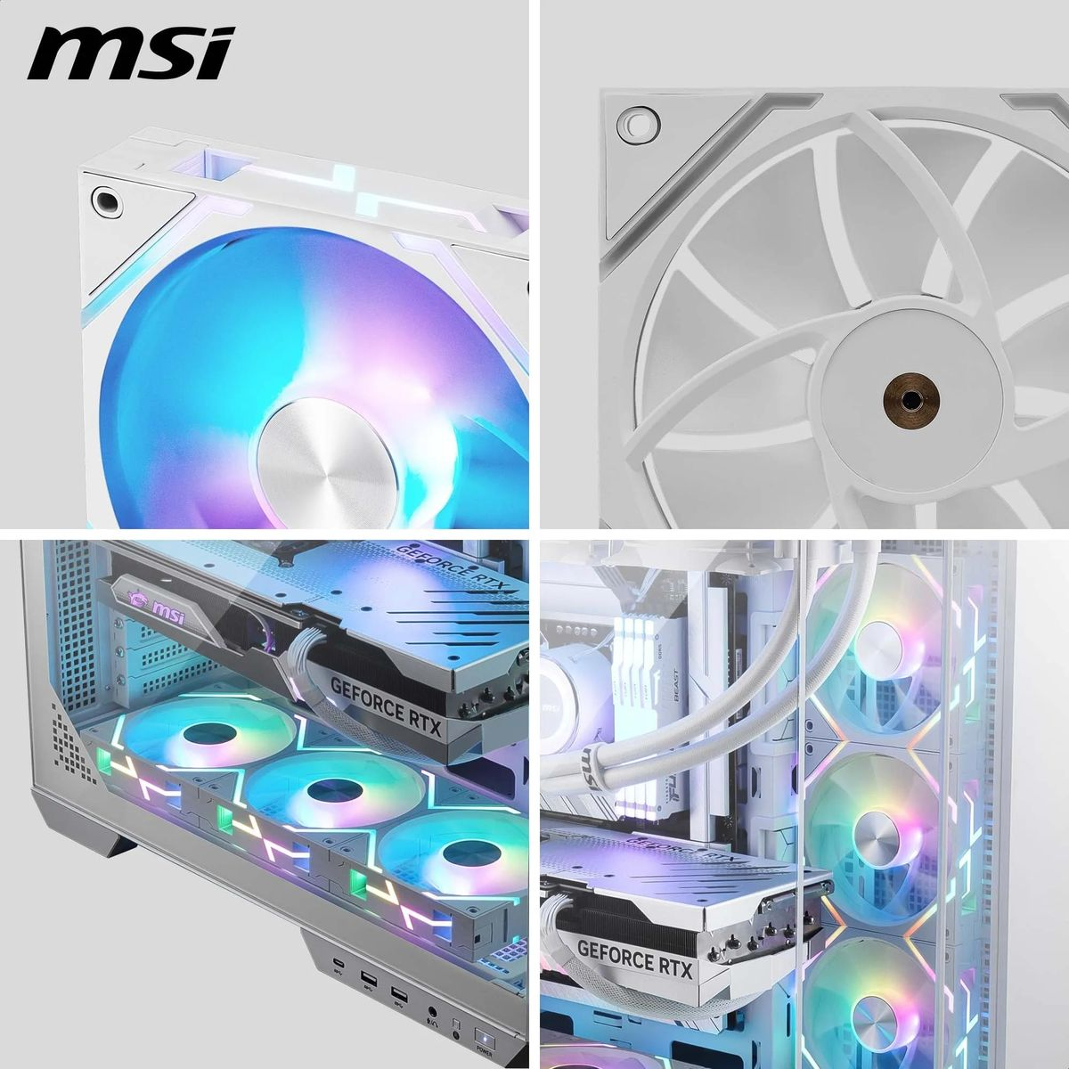 RGB aydınlatmalı beyaz PC fanı üzerinde MSI logosu.