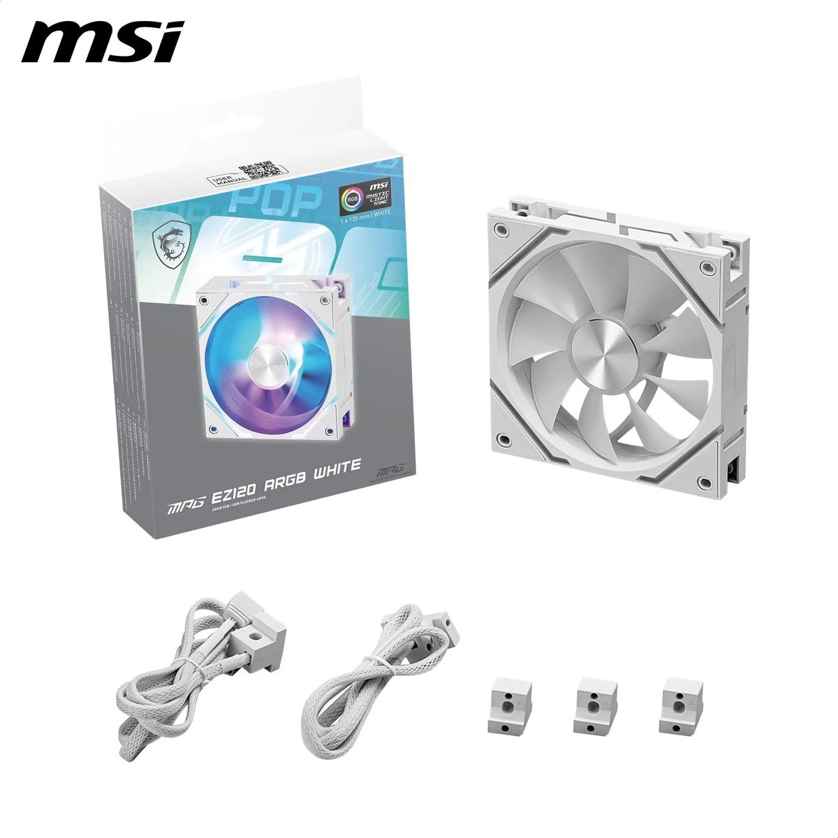 MSI MAG EZ120 ARGB WHITE fan: ambalaj, fan ve aksesuarlar beyaz renkte.