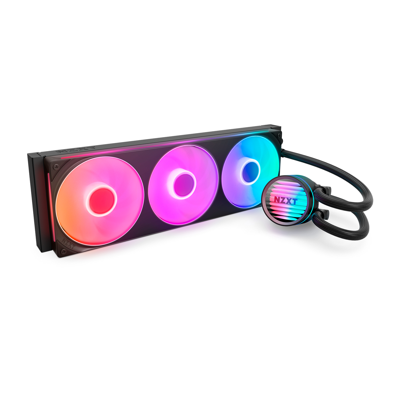 Un dissipatore CPU NZXT nero con tre ventole illuminate e un'unità pompa rotonda.
