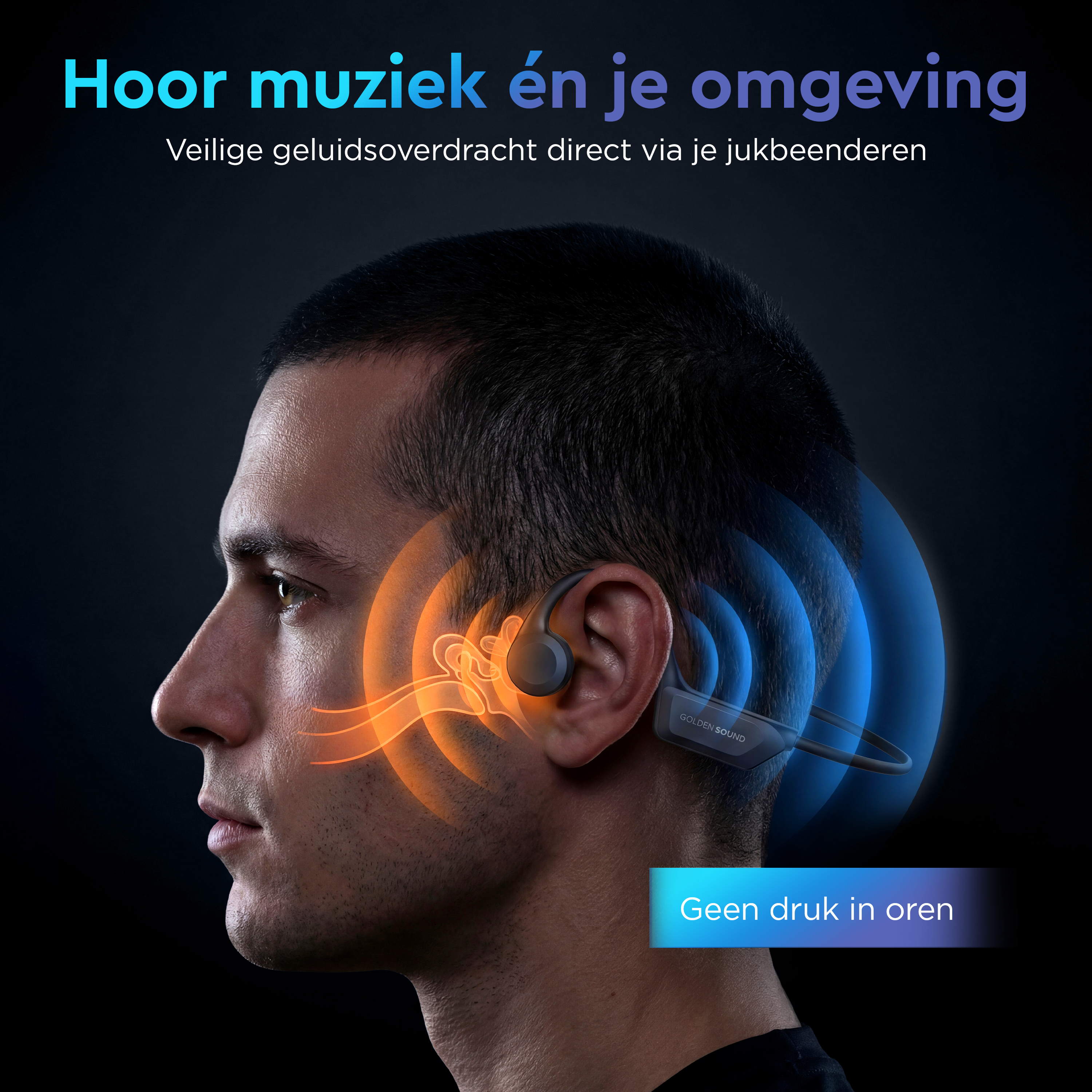 Man met botgeleidende koptelefoon, speelt muziek en omgevingsgeluid af.