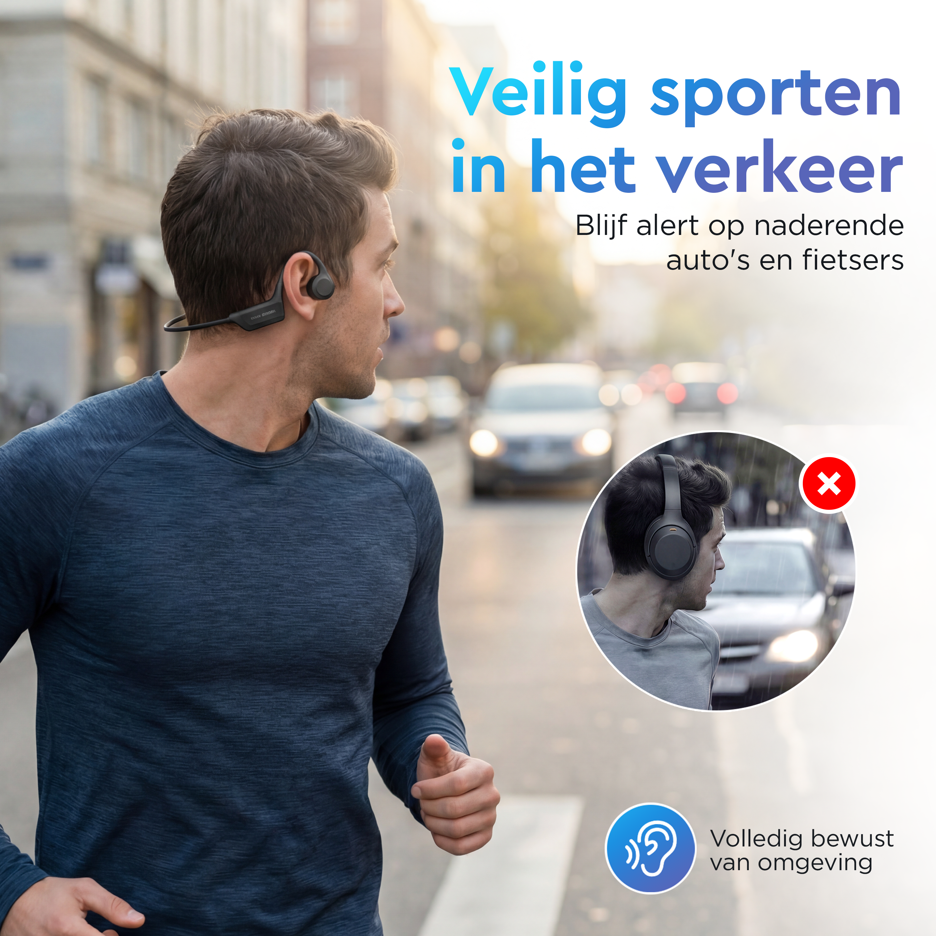 Een man jogt op straat, met tekst over veilig sporten.