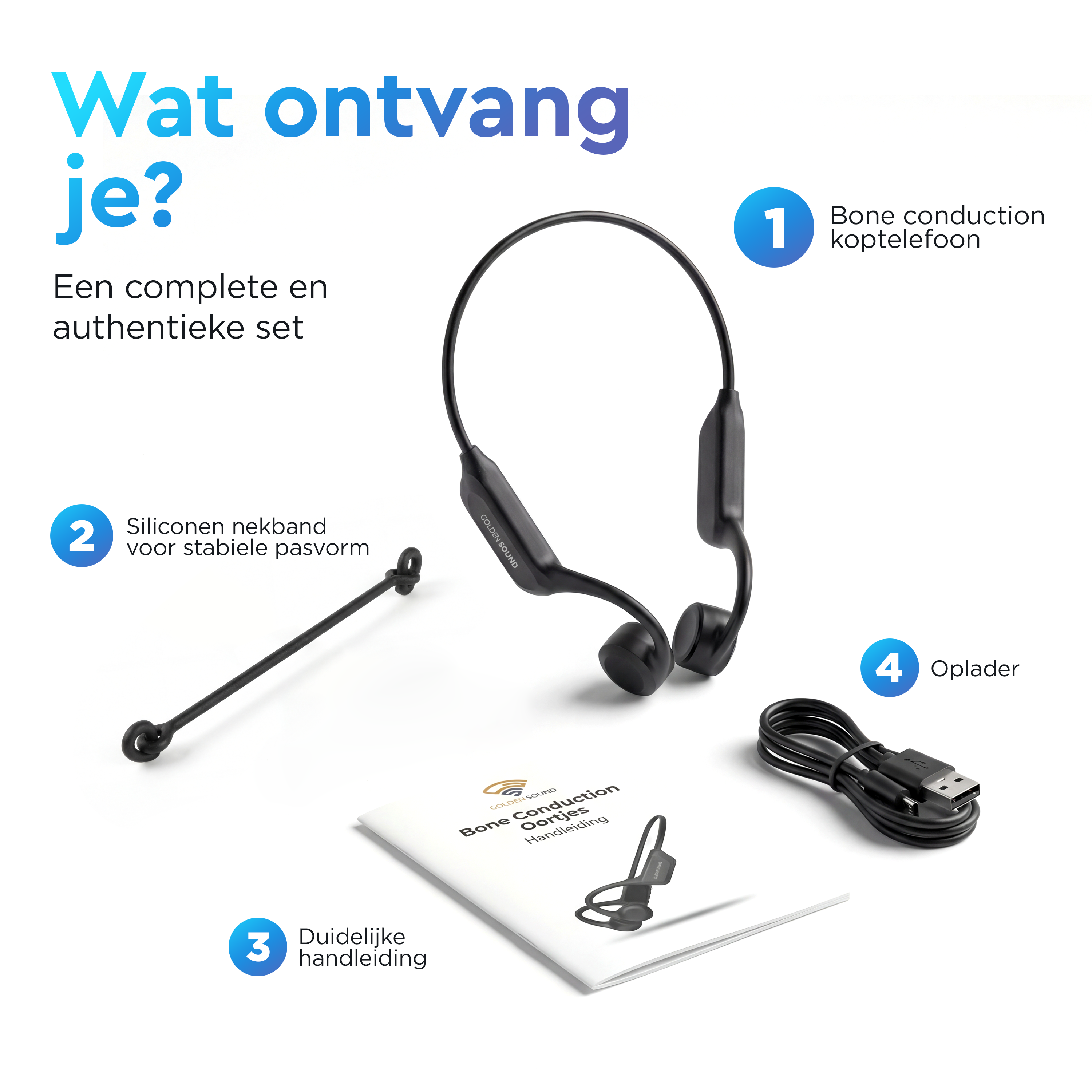 Een set met bone conduction koptelefoon, nekband, handleiding en oplader.