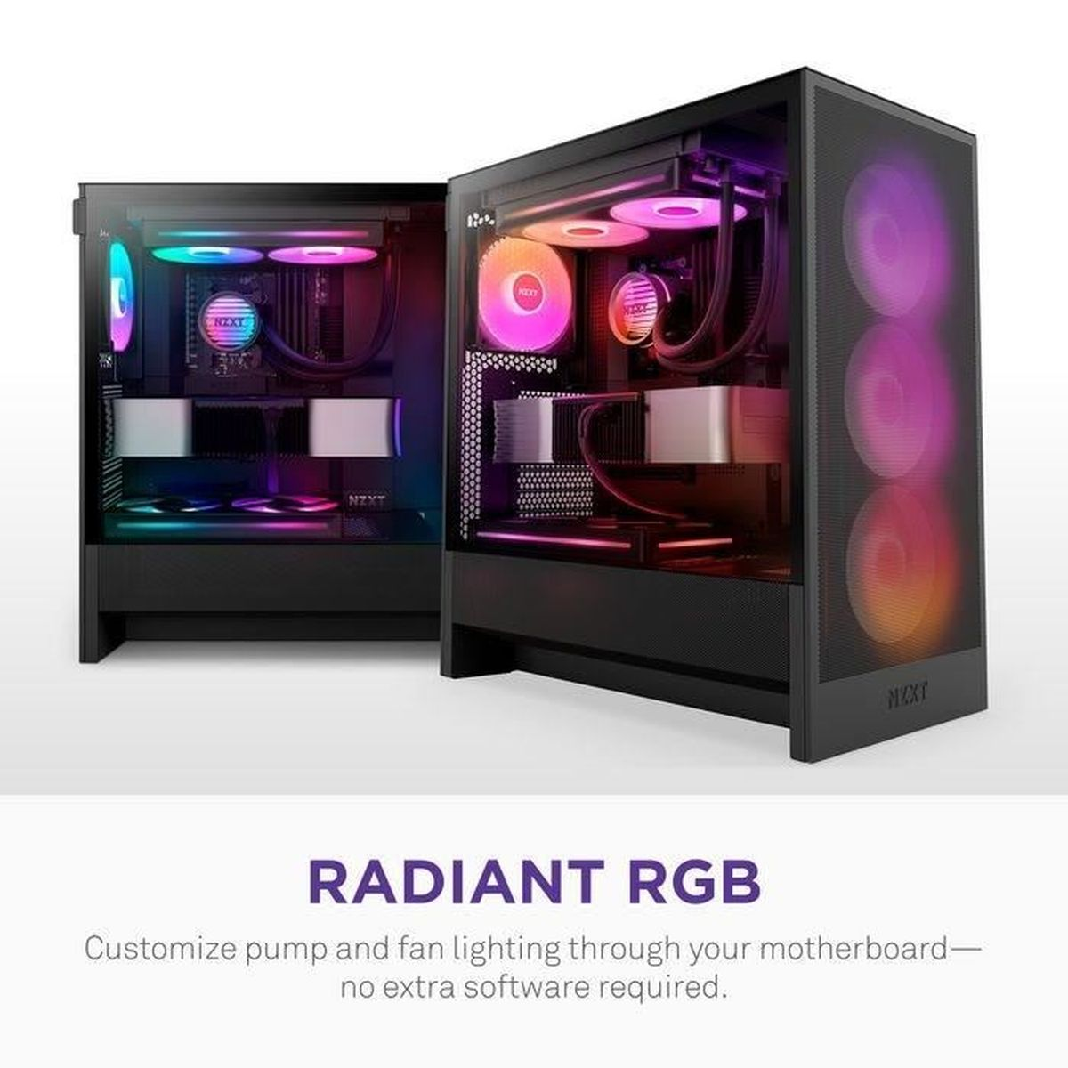 Due case per computer NZXT nere con illuminazione RGB colorata visibile attraverso ventole e pompe.