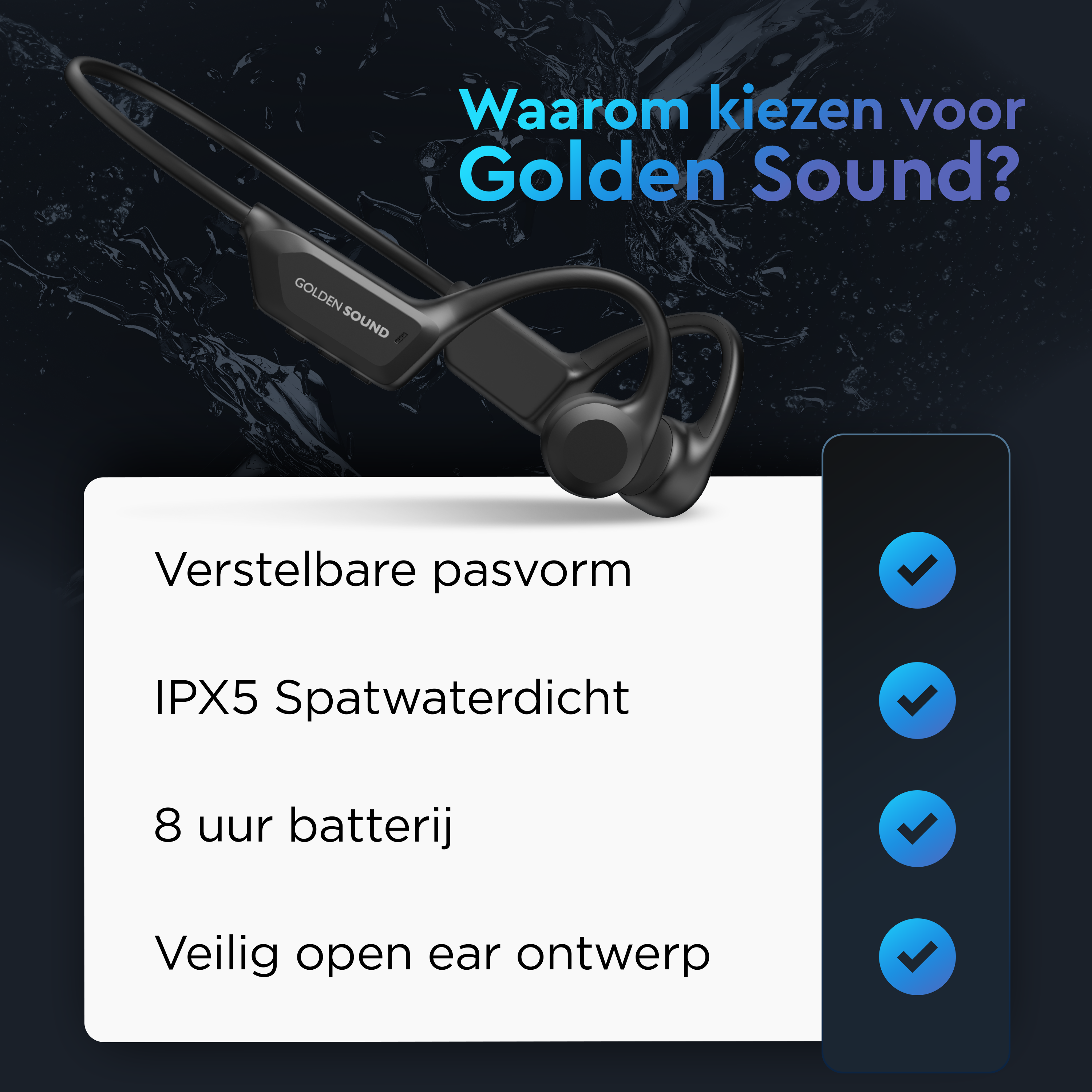 Zwarte koptelefoon met tekst over verstelbare pasvorm, waterdichtheid en batterijduur.