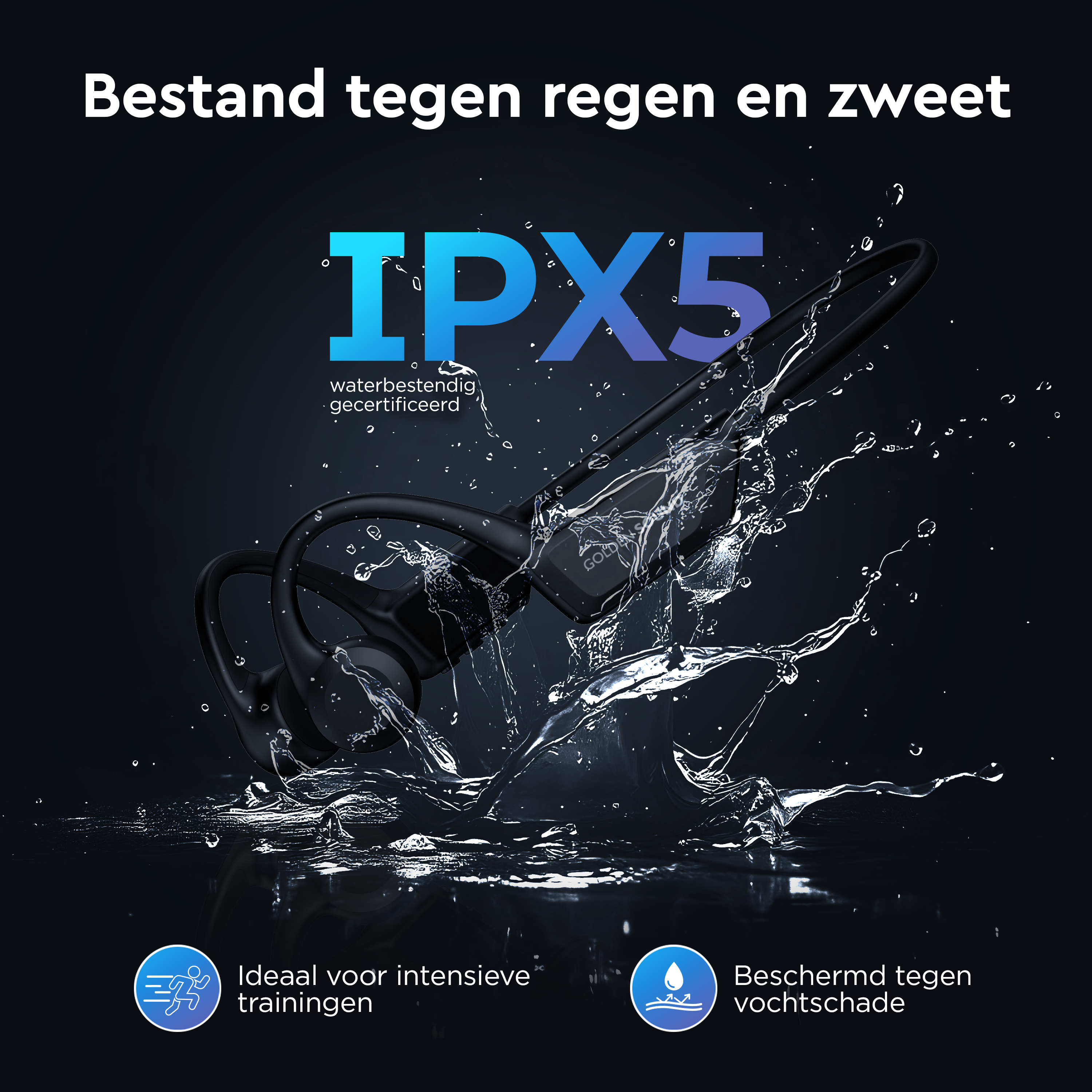 Zwarte koptelefoon met IPX5-certificering, stoot water en zweet af.