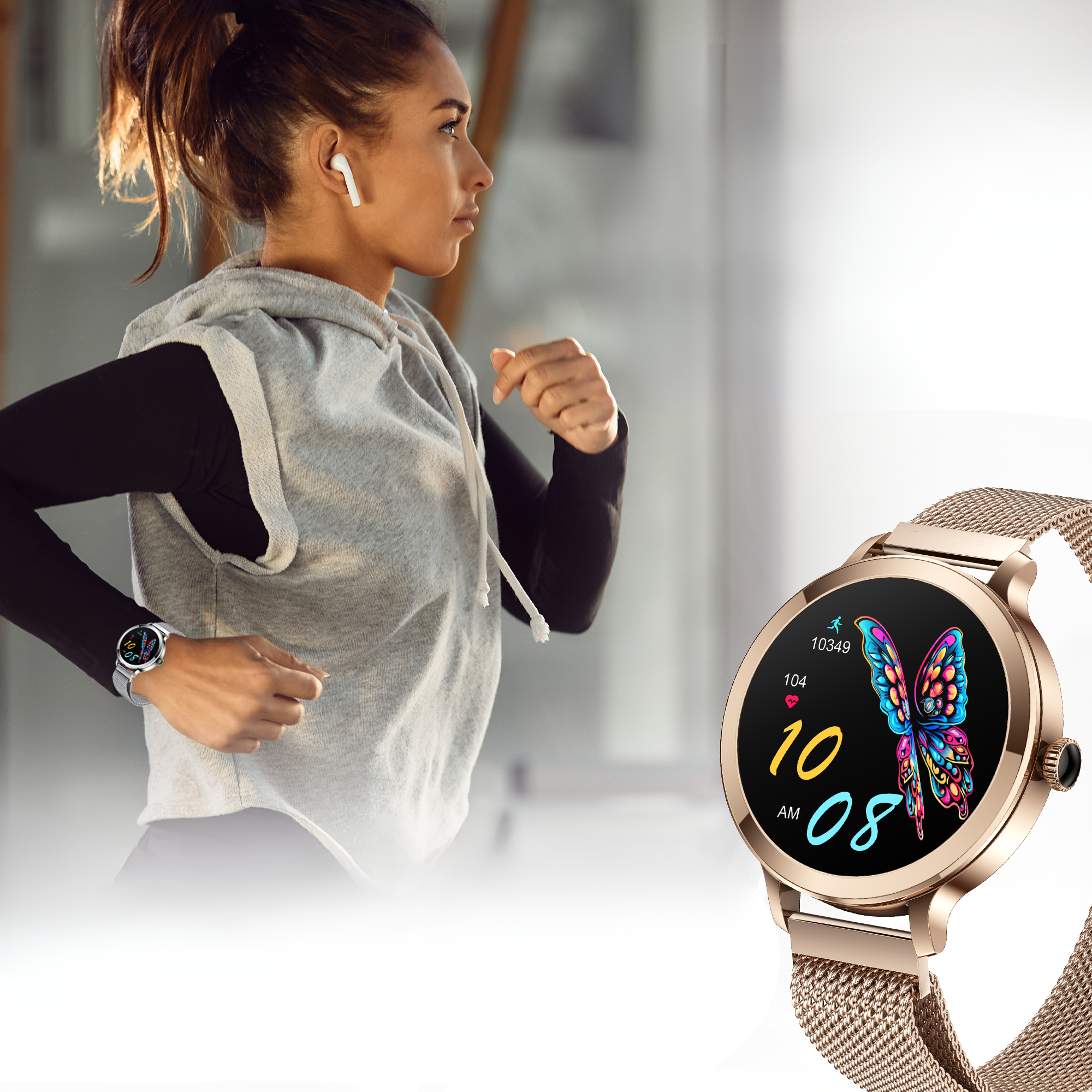 Une femme avec des écouteurs court; une montre connectée avec un écran papillon est montrée.