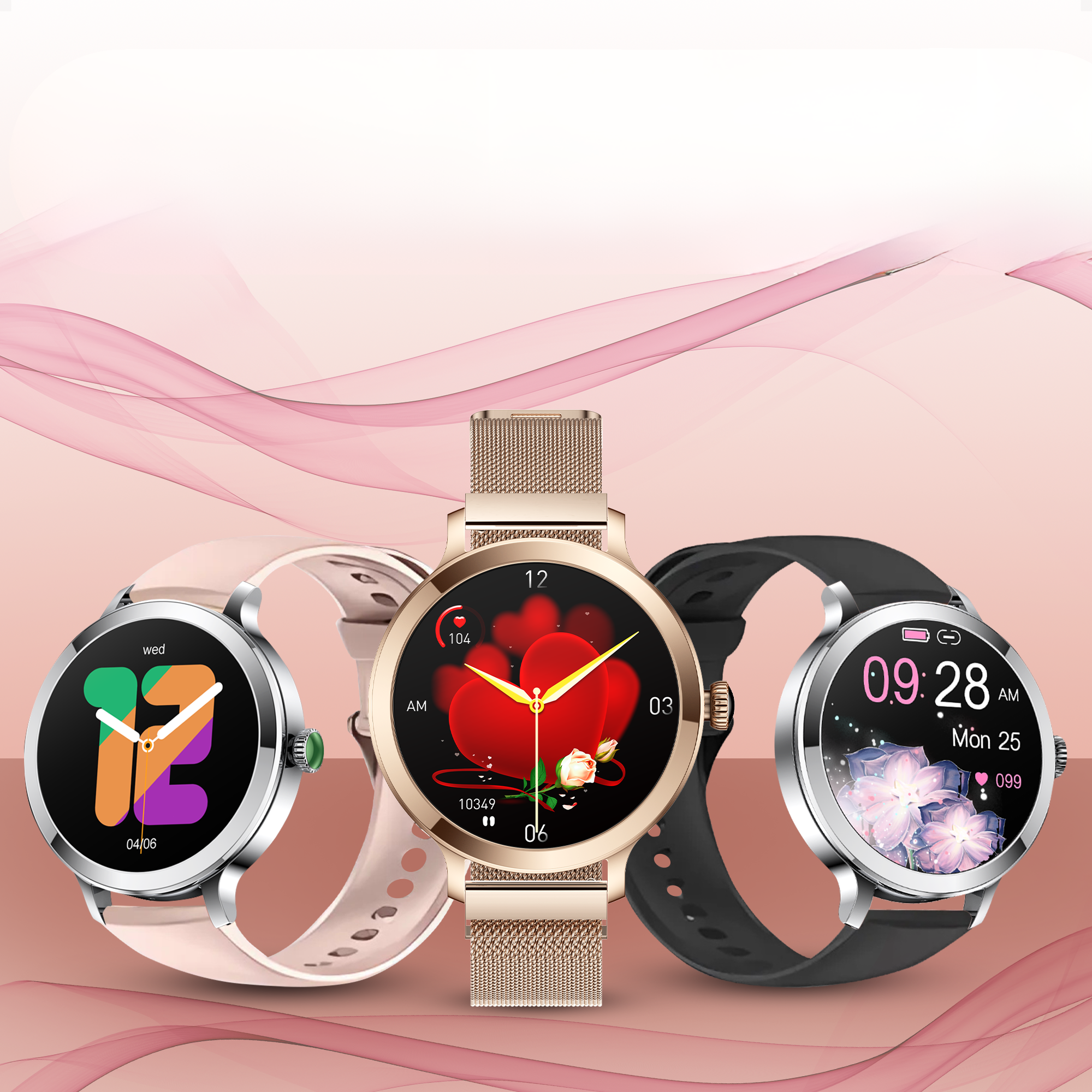 Trois montres intelligentes : une à bracelet rose, une à bracelet doré et une à bracelet noir.