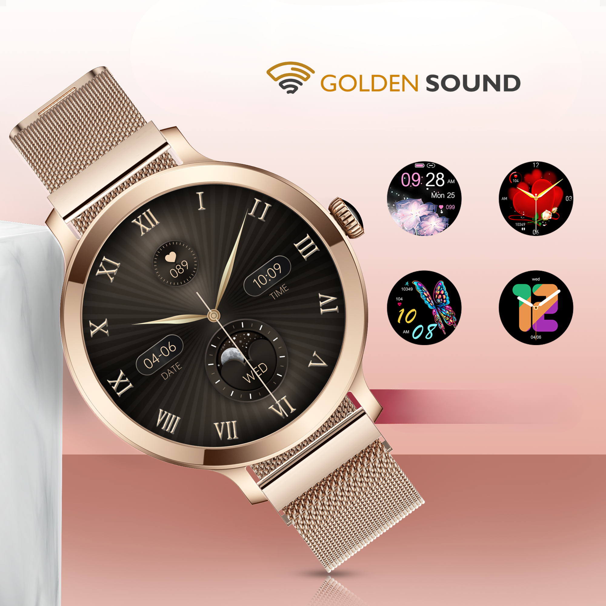 Montre connectée dorée avec différents cadrans et fond rose.