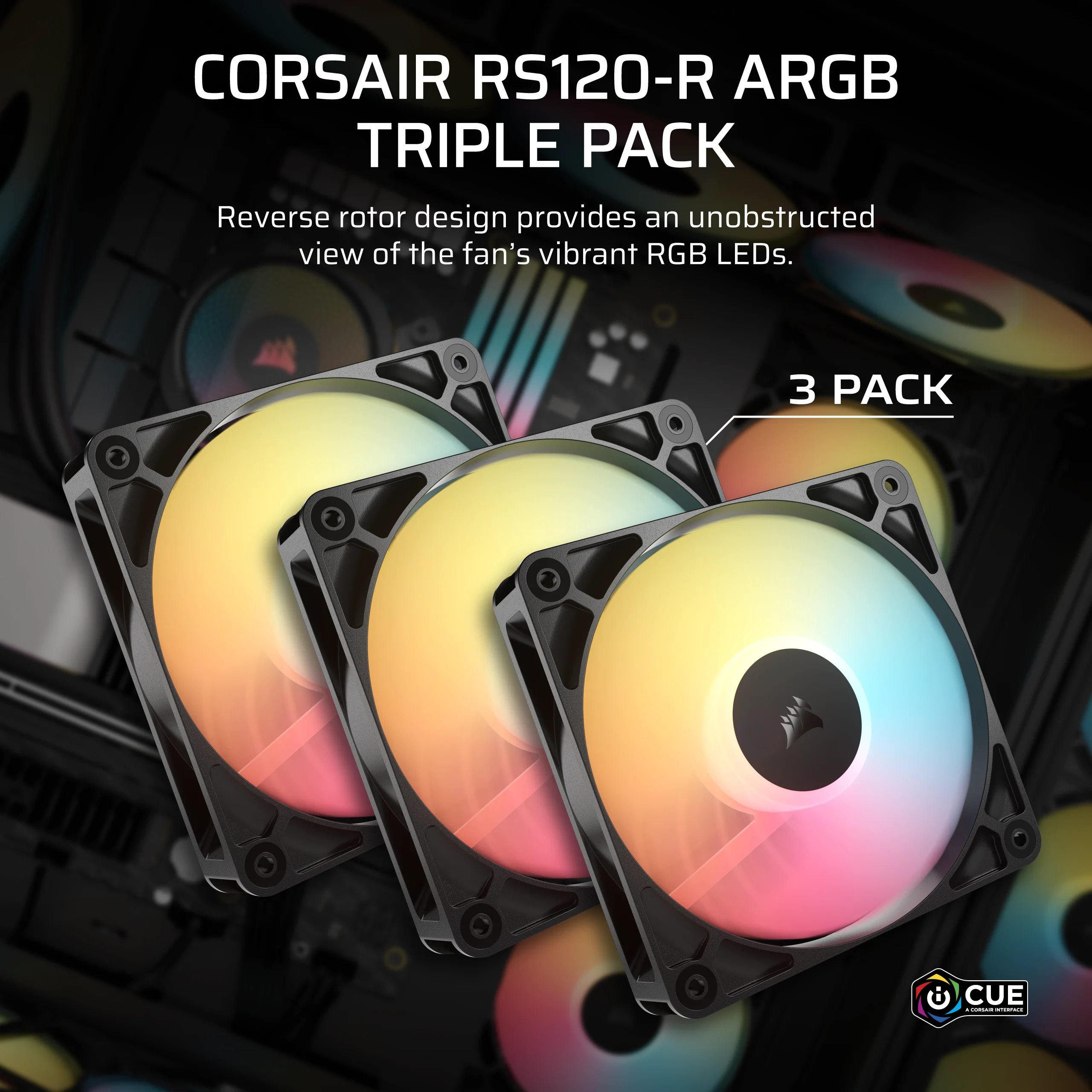 Trois ventilateurs Corsair RS120-R ARGB avec LED RVB brillent en teintes jaunes, roses et bleues.