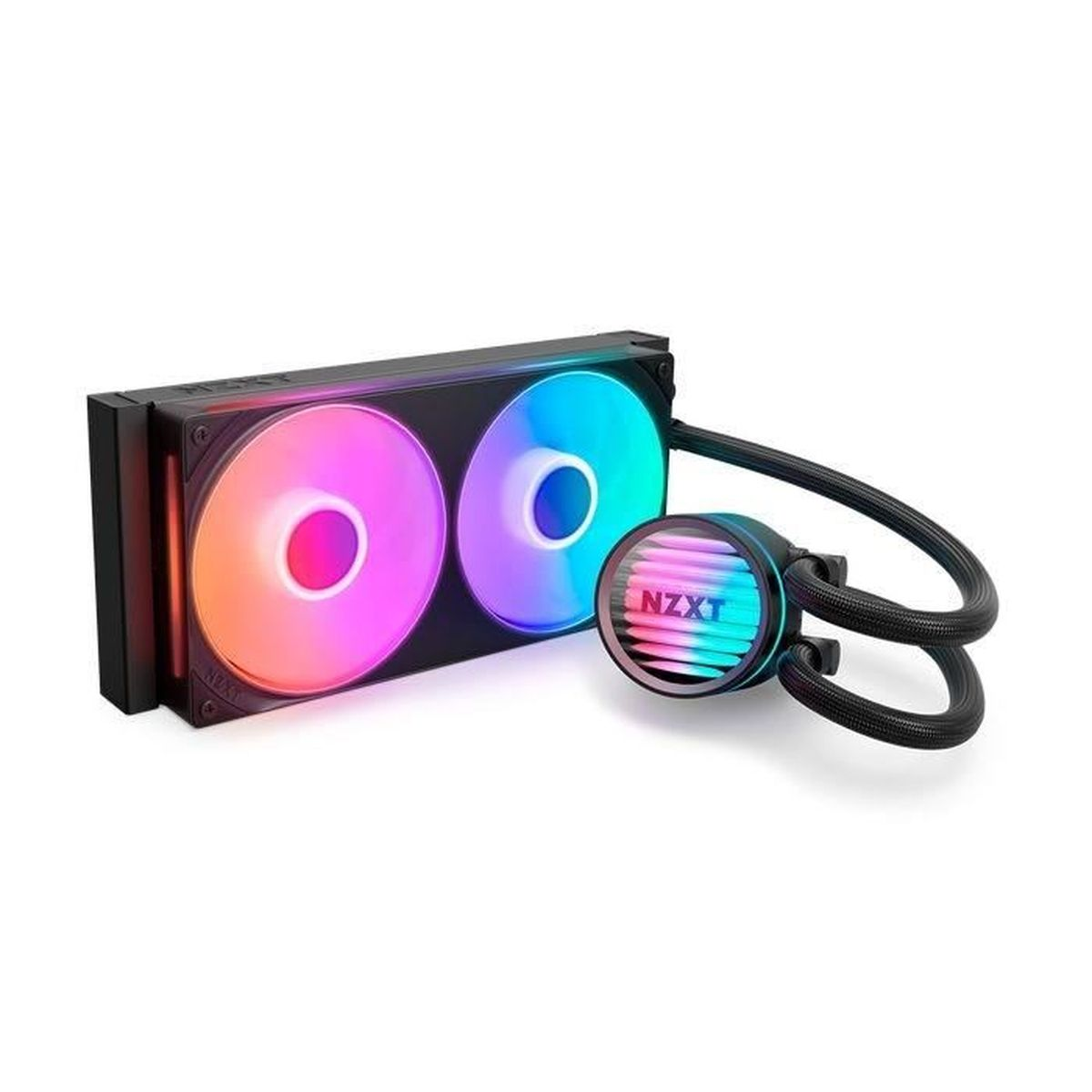 Un dissipatore per CPU nero con due ventole e illuminazione RGB, sfondo bianco.