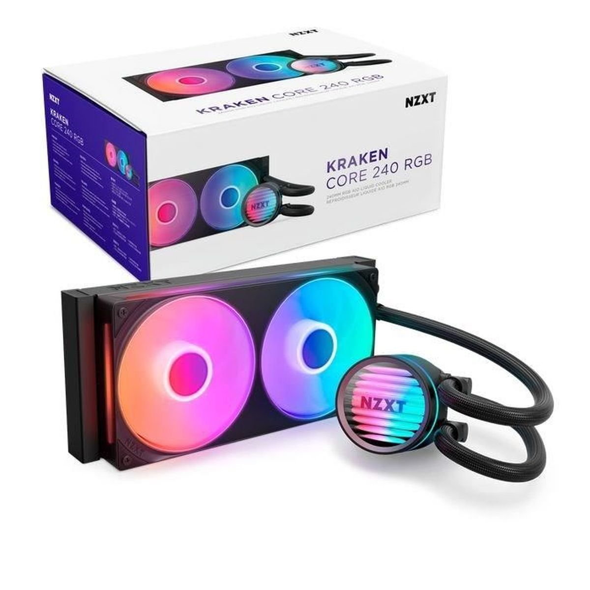 Raffreddatore AIO NZXT Kraken 240 RGB con due ventole RGB e radiatore.