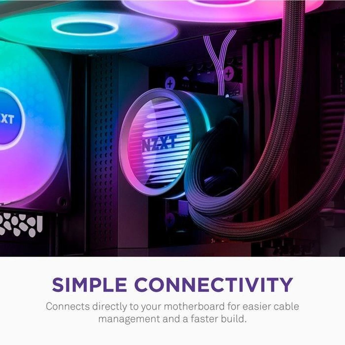Case del computer con ventole RGB e refrigeratore a liquido. Luci viola e blu.