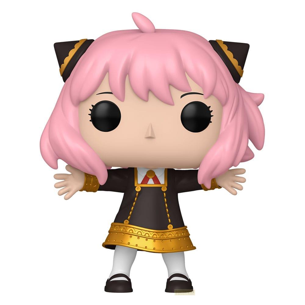 Anya Forger Funko Pop Figur mit rosa Haaren und schwarzem Outfit mit goldenen Akzenten.