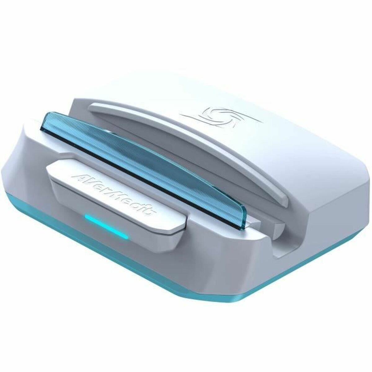 Ein weißes und blaues AverMedia Capture-Gerät mit einem blauen Licht.