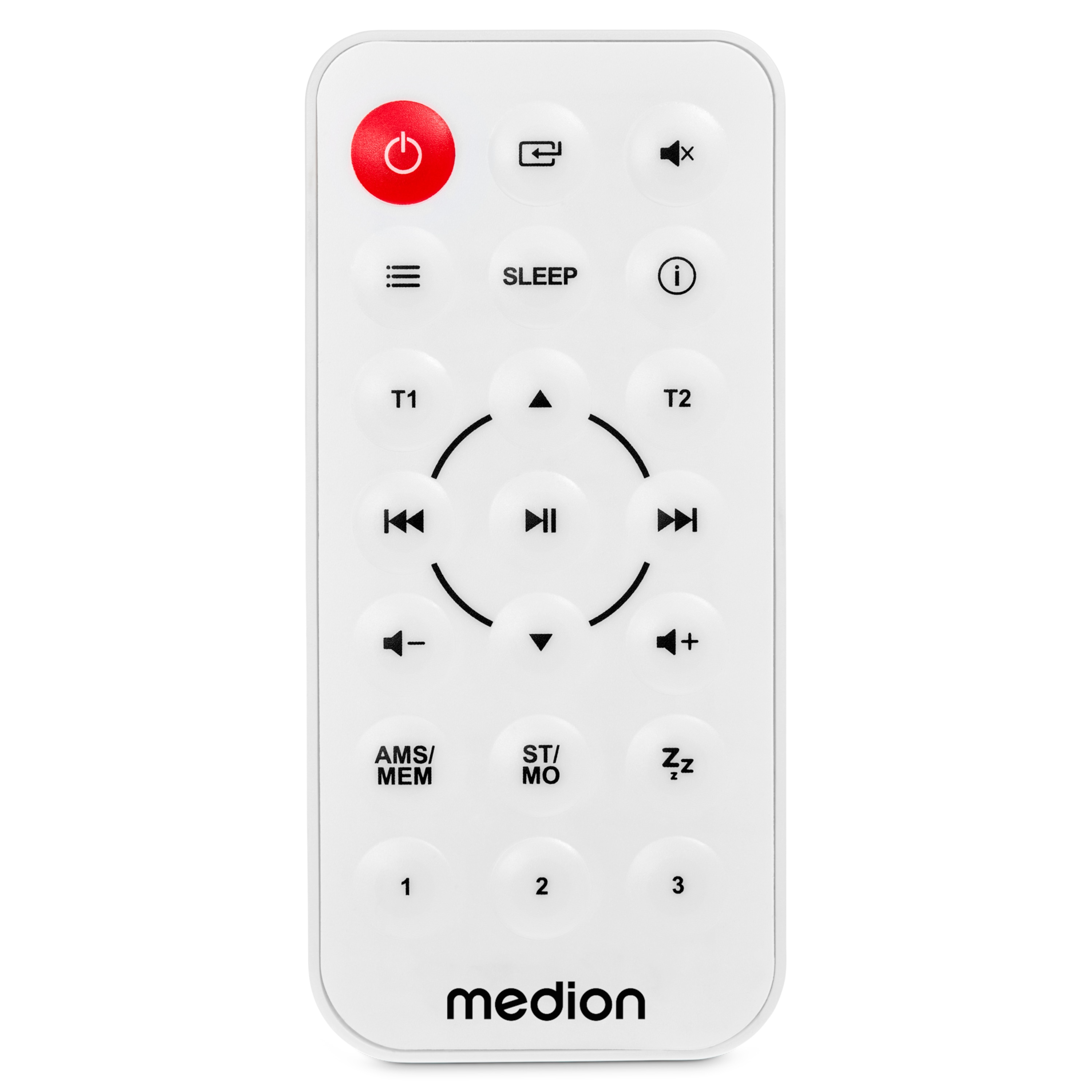 A white Medion remote control with buttons like power, volume, sleep, and numbers.