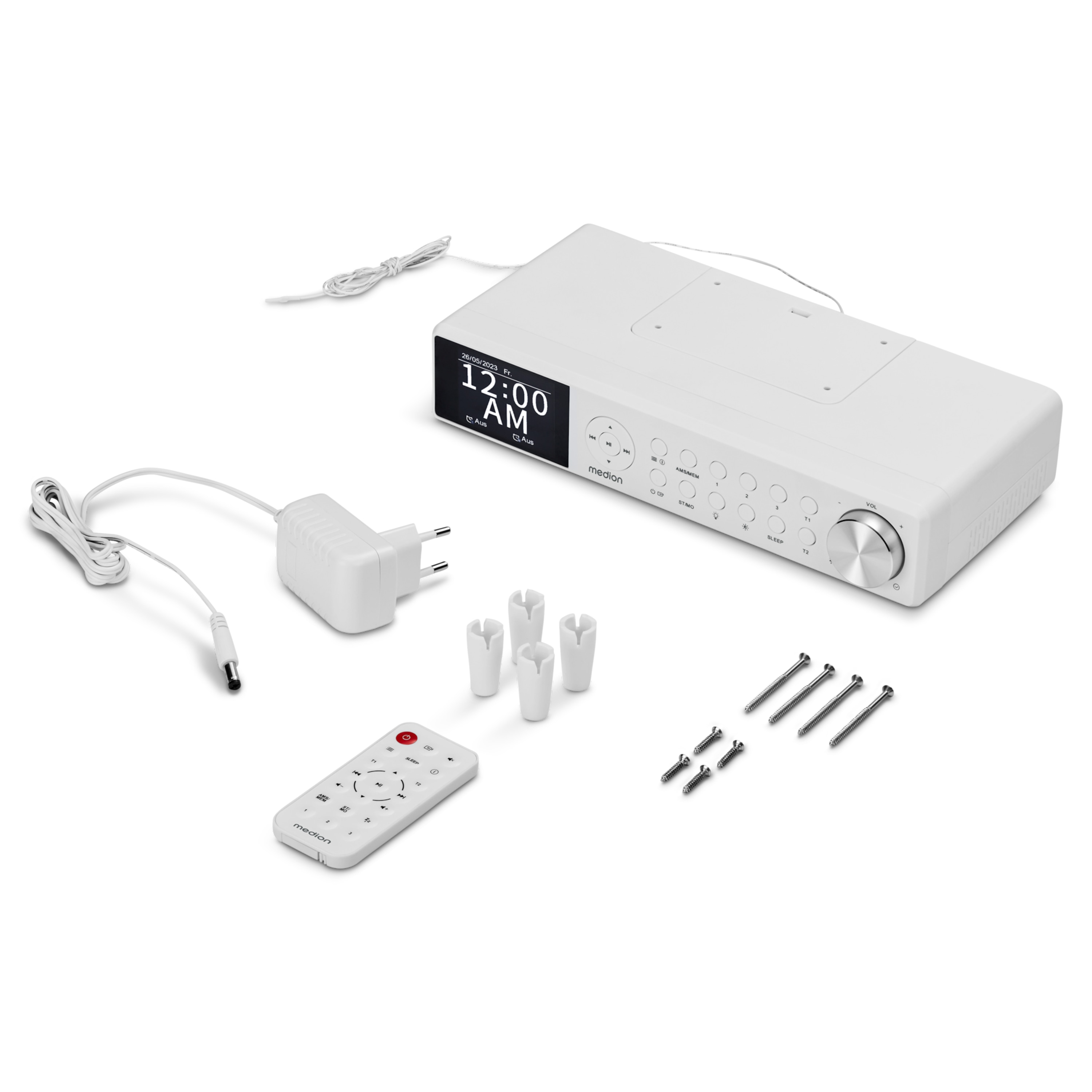 A white Medion radio with power adapter, remote, and screws.