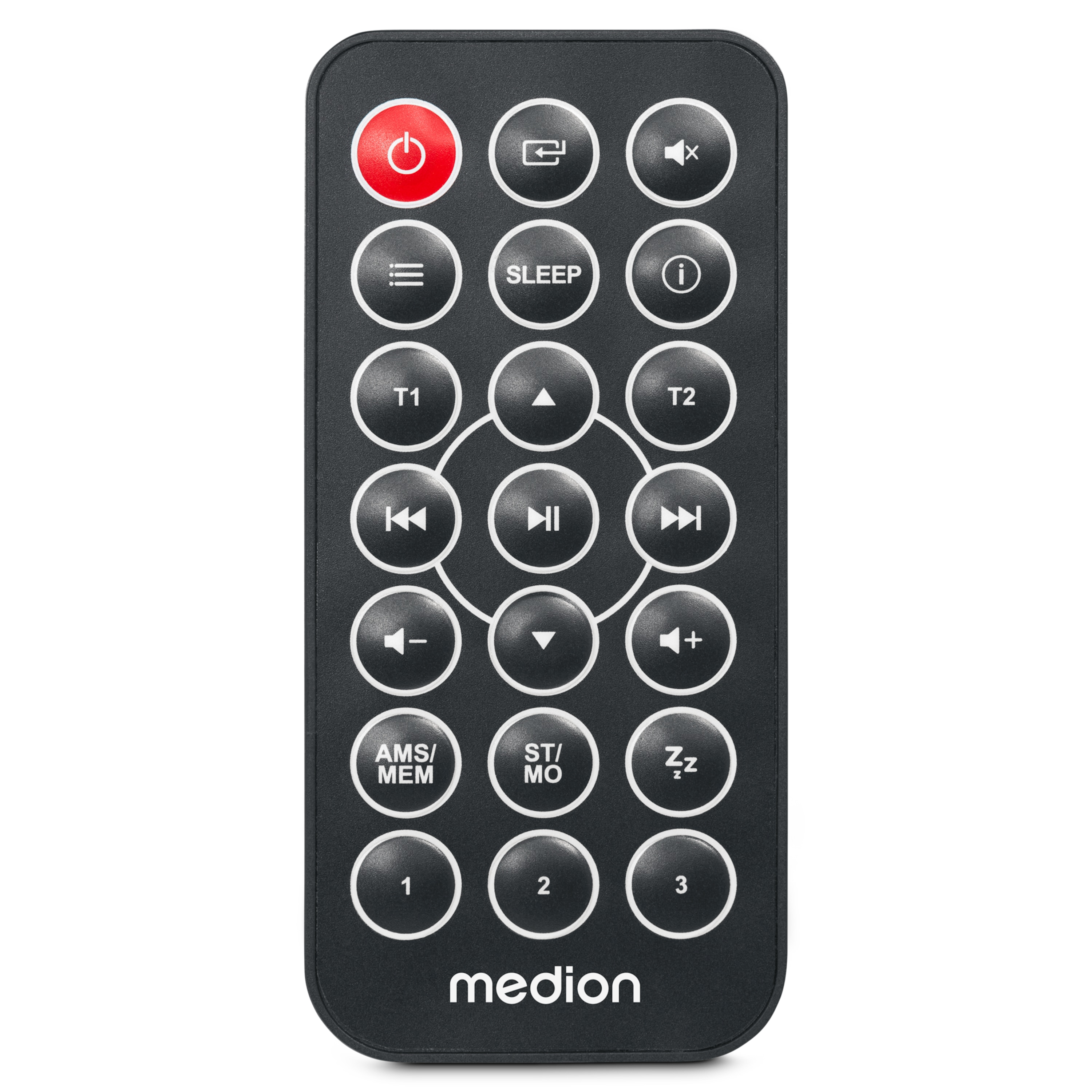 Black Medion remote control with many buttons, incl. power, sleep, volume, T1/T2, play/pause.